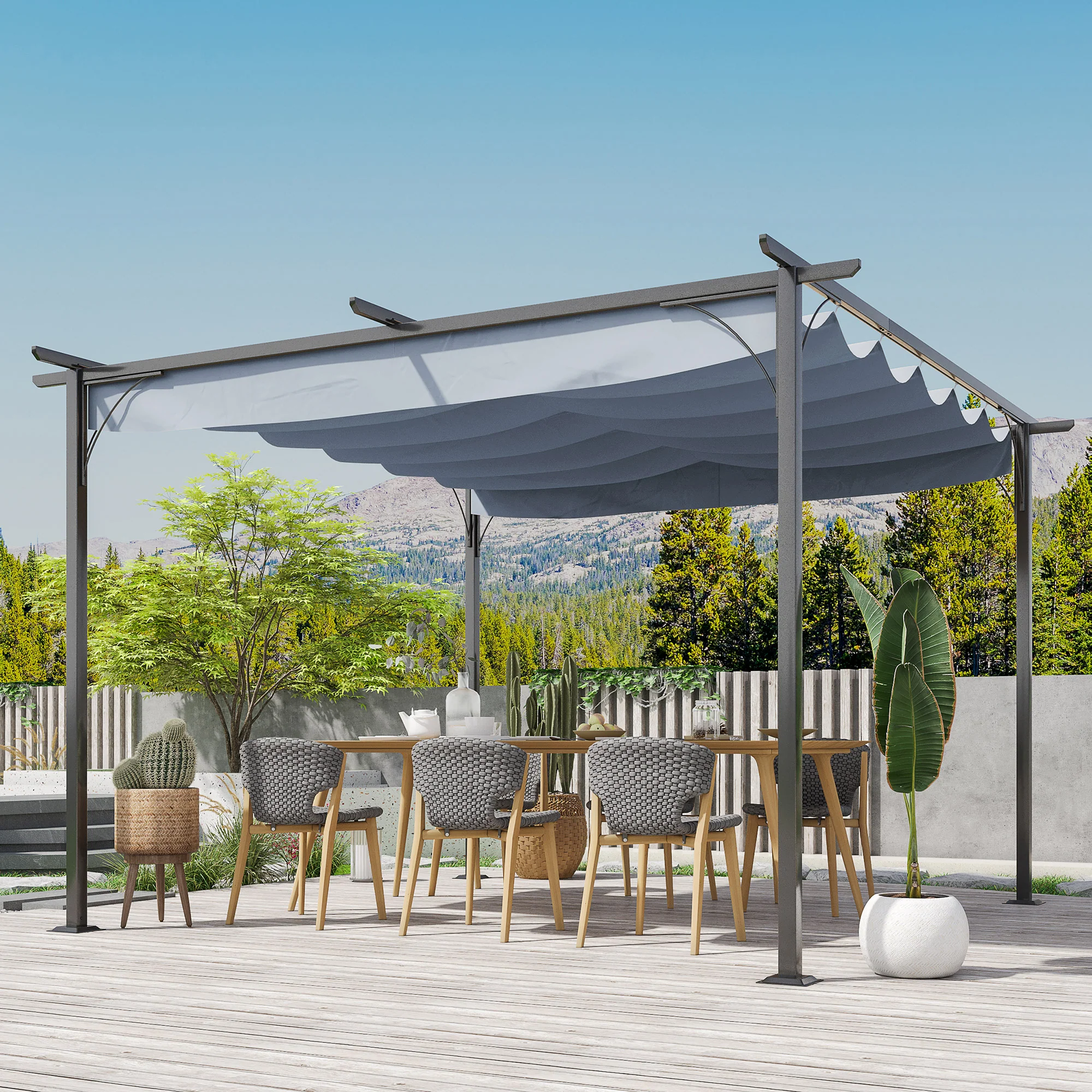 11.5'x11.5' Retractable Metal Pergola Canopy for Patio Backyard Shade Shelter, Gray - Image 3