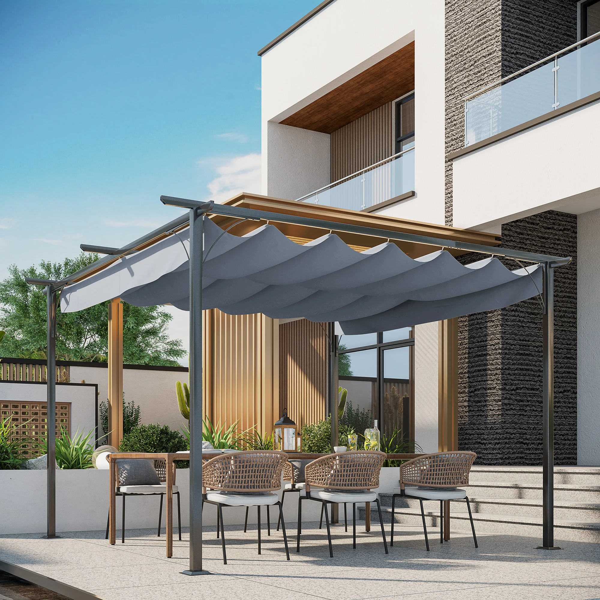 11.5'x11.5' Retractable Metal Pergola Canopy for Patio Backyard Shade Shelter, Gray - Image 4