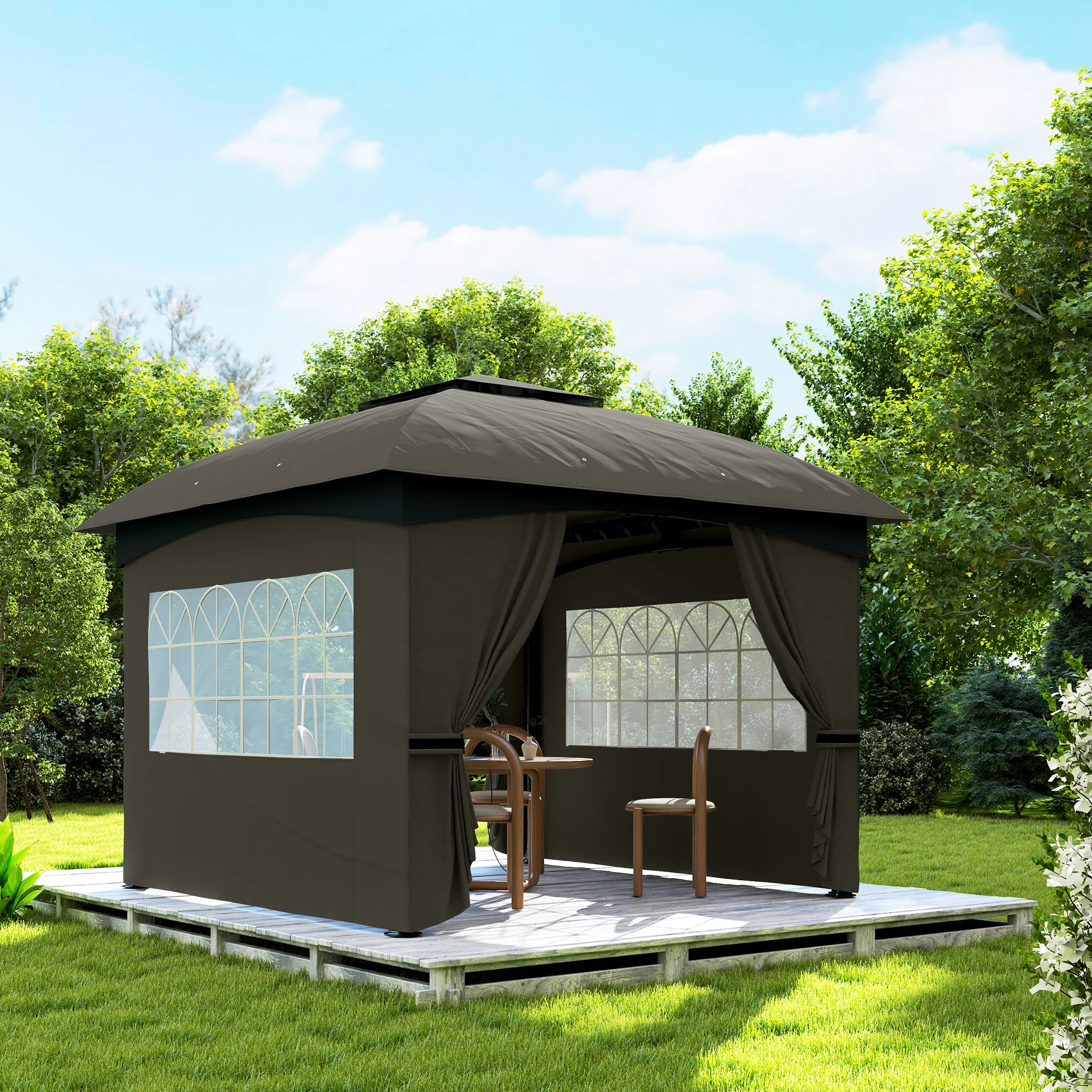 11' x 11' Double Roof Patio Gazebo with Church Windows, Steel Frame, Dark Gray - Image 10