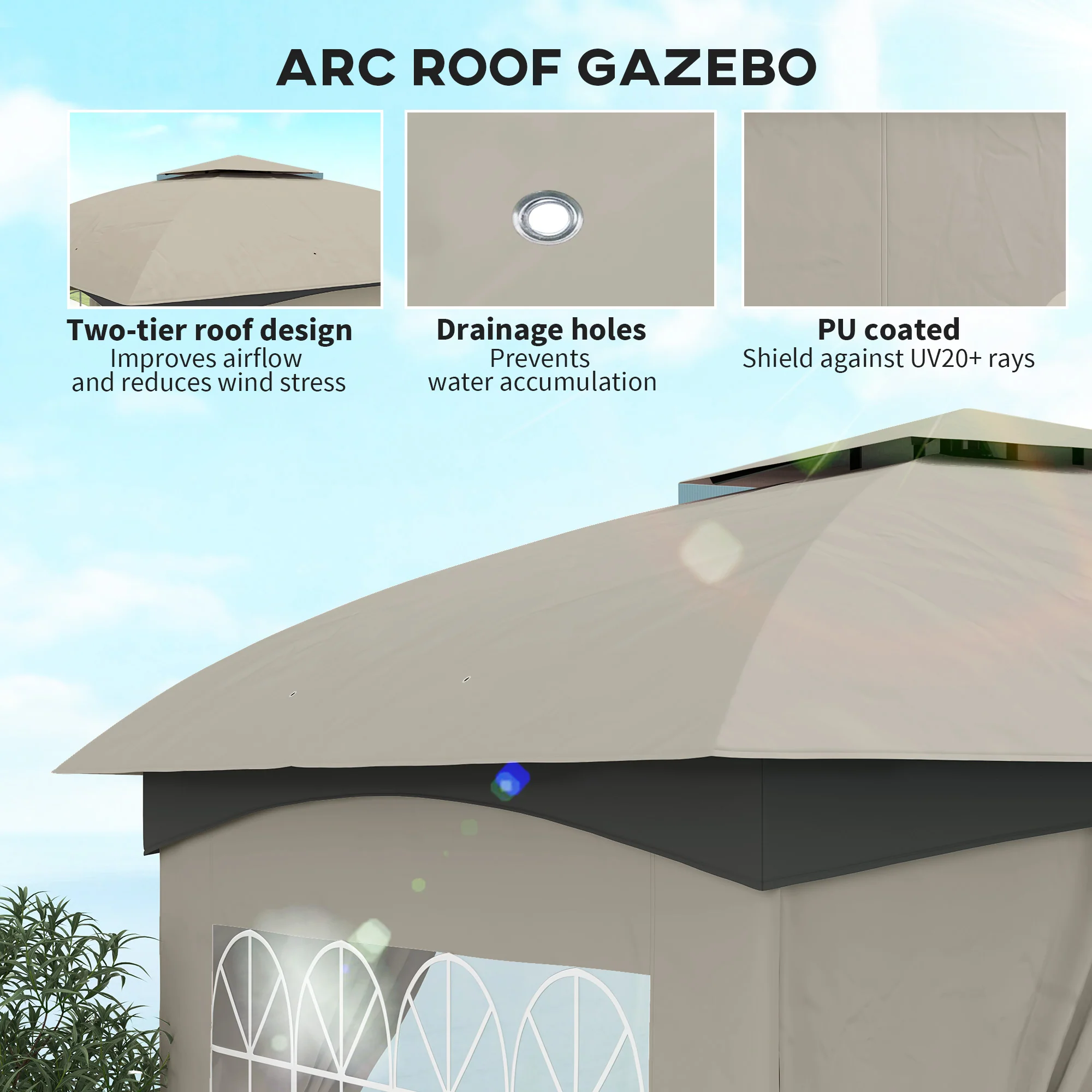 11' x 11' Double Roof Patio Gazebo with Curtains, Church Windows, Steel Frame, Light Gray - Image 6