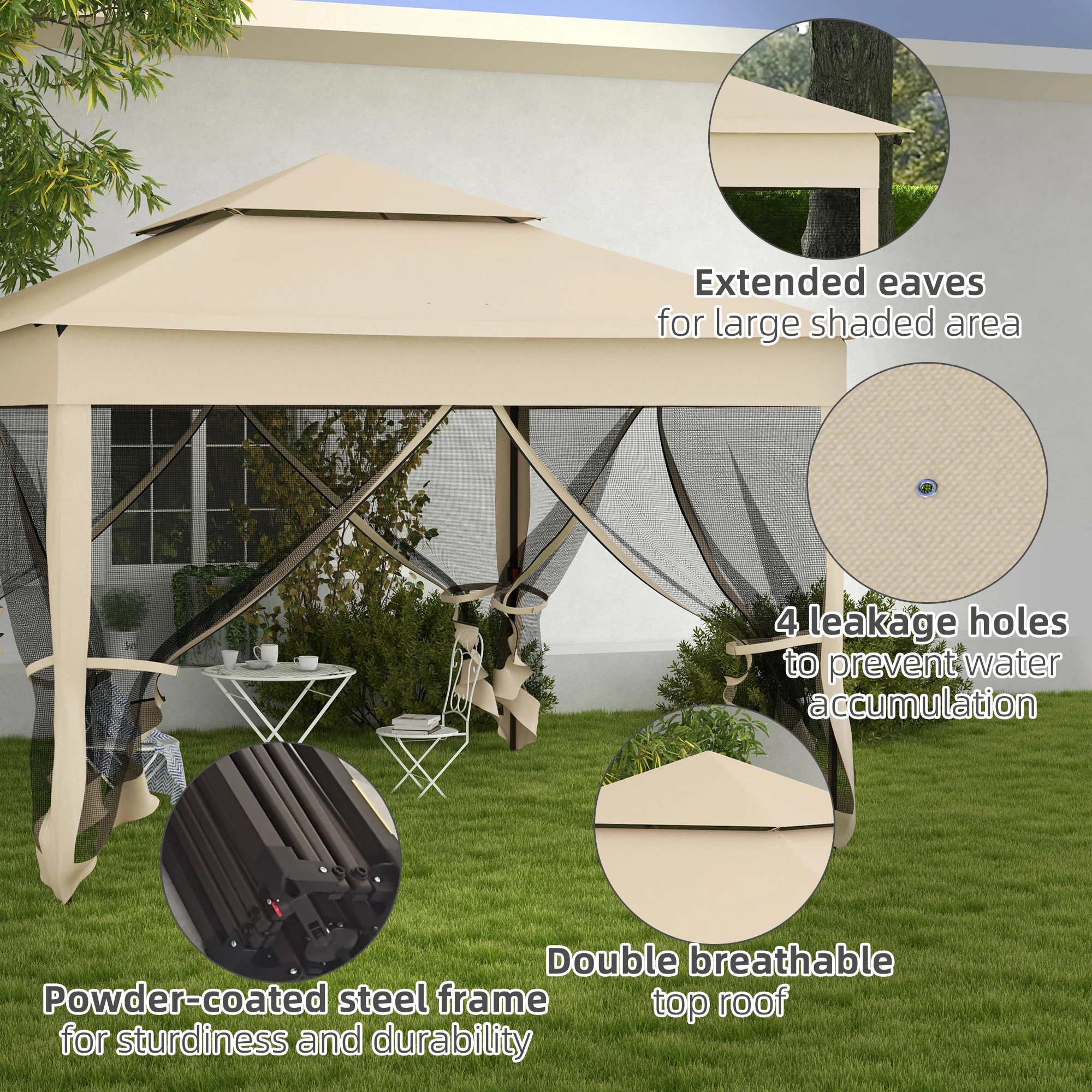 11'x11' Pop-Up Gazebo Shelter with Zipper Netting & Carry Bag, Beige - Image 9