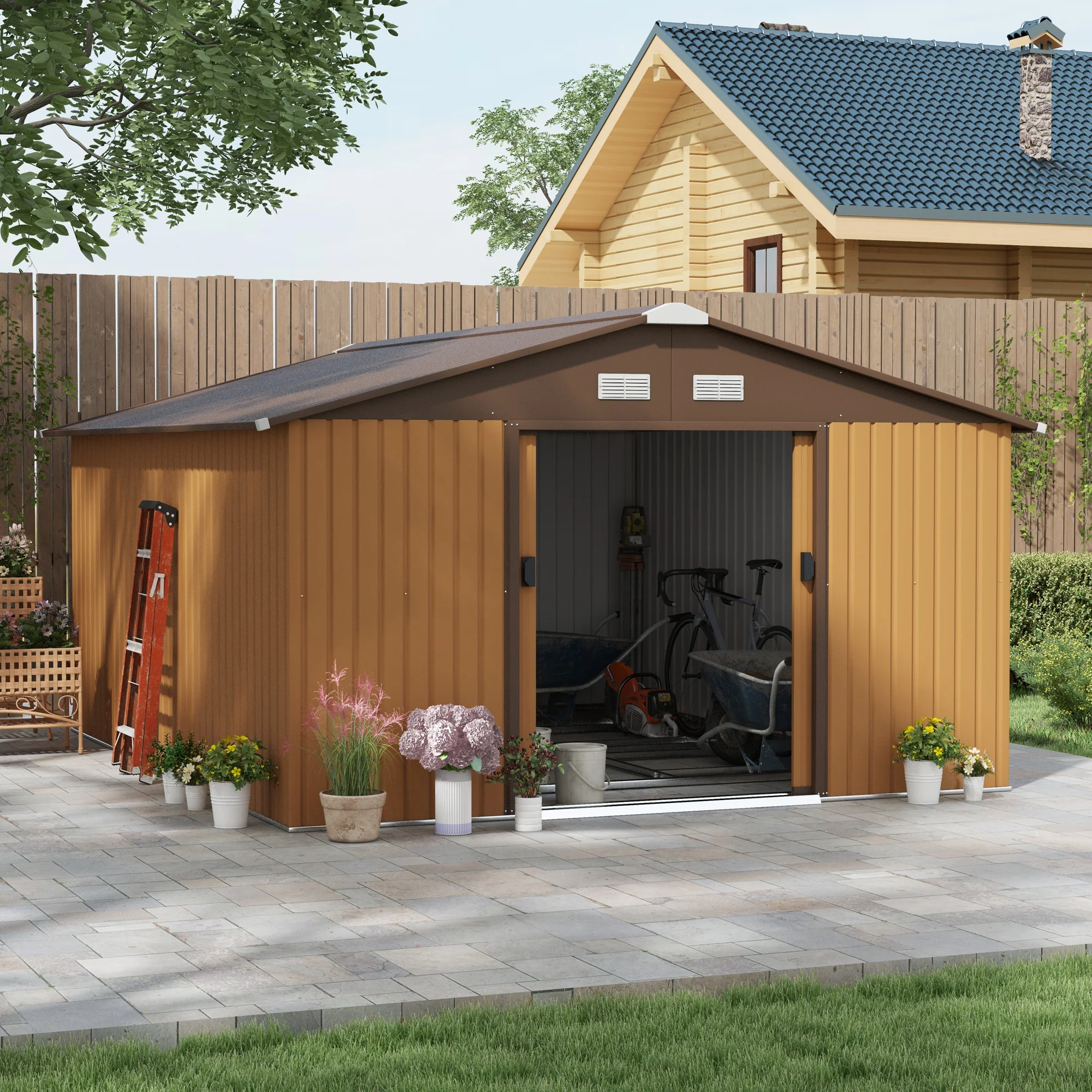 EverBase 11' x 13' Outdoor Storage Shed with Double Lockable Door & Air Vents, Yellow - Image 3