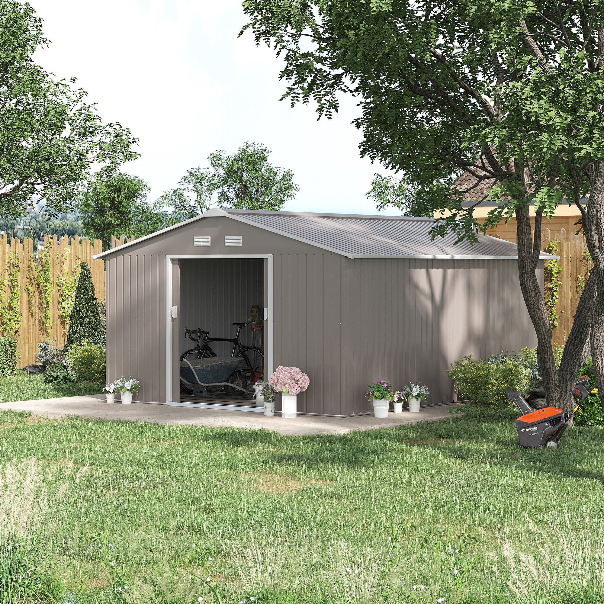 EverBase 11' x 13' Outdoor Storage Shed with Double Lockable Door & Air Vents, Light Gray - Image 3