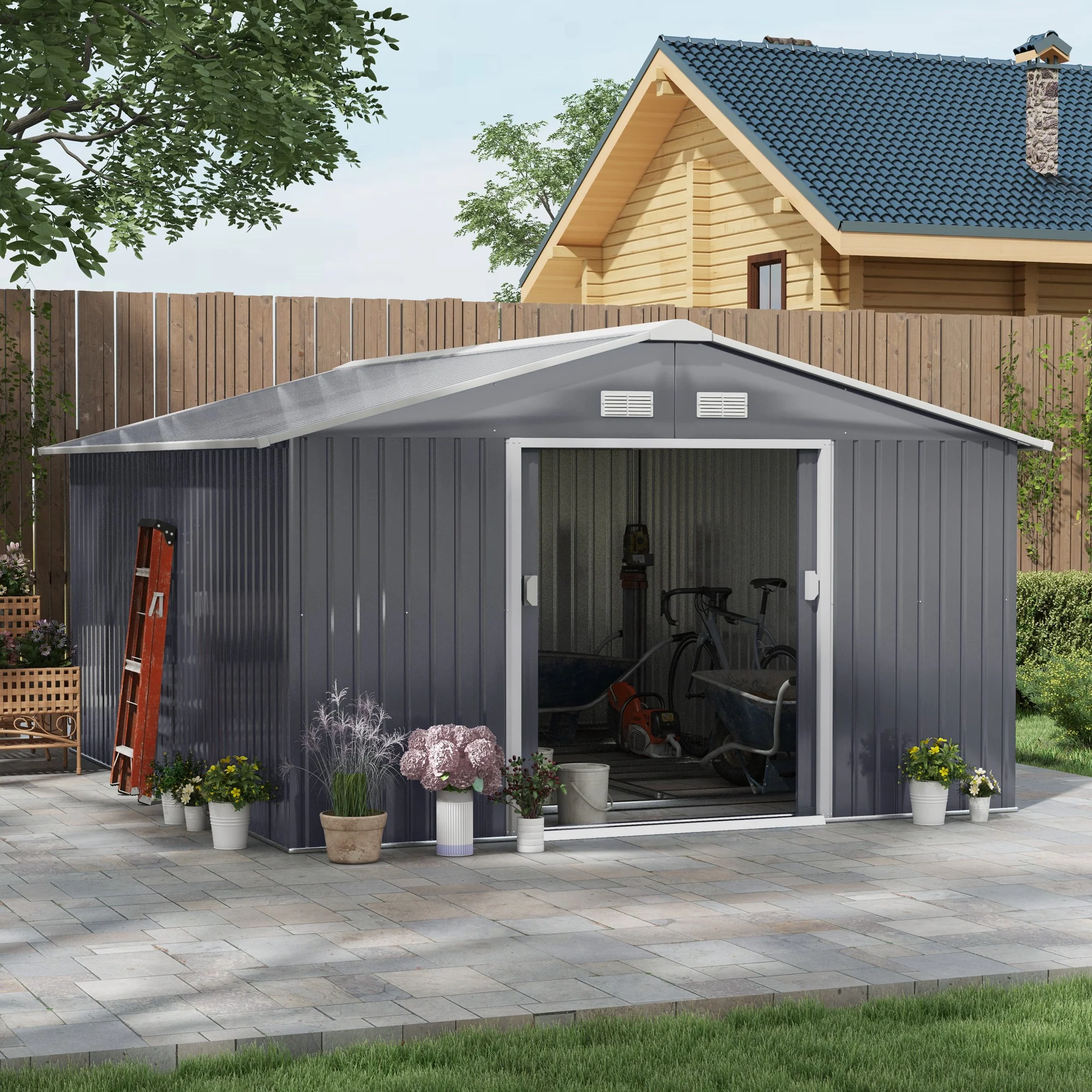 EverBase 11' x 13' Outdoor Storage Shed with Double Lockable Door & Air Vents, Dark Gray - Image 3