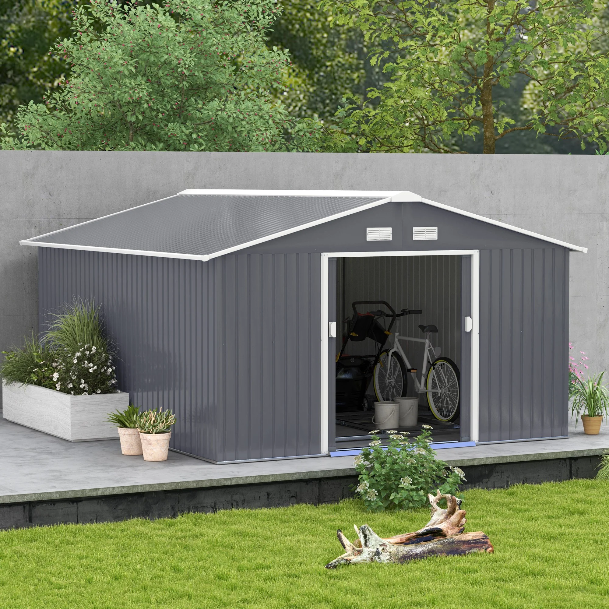 EverBase 11' x 13' Outdoor Storage Shed with Double Lockable Door & Air Vents, Dark Gray - Image 4