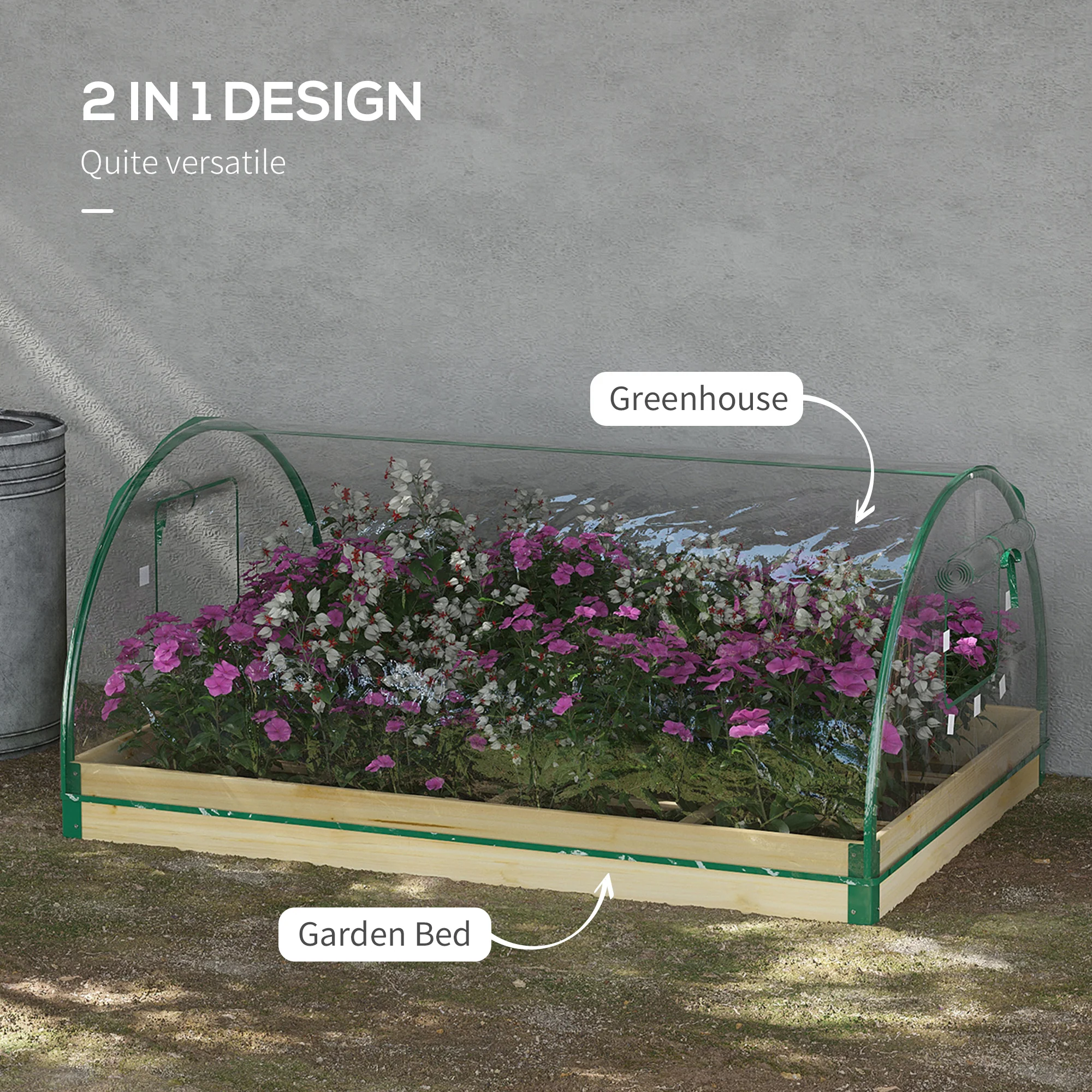 12 Pockets Raised Garden Bed with Greenhouse and Roll Up Windows, Wooden Planter Box Kit with Cover, Dual Use for Vegetables, Flowers, 4' x 3' x 2' - Image 6