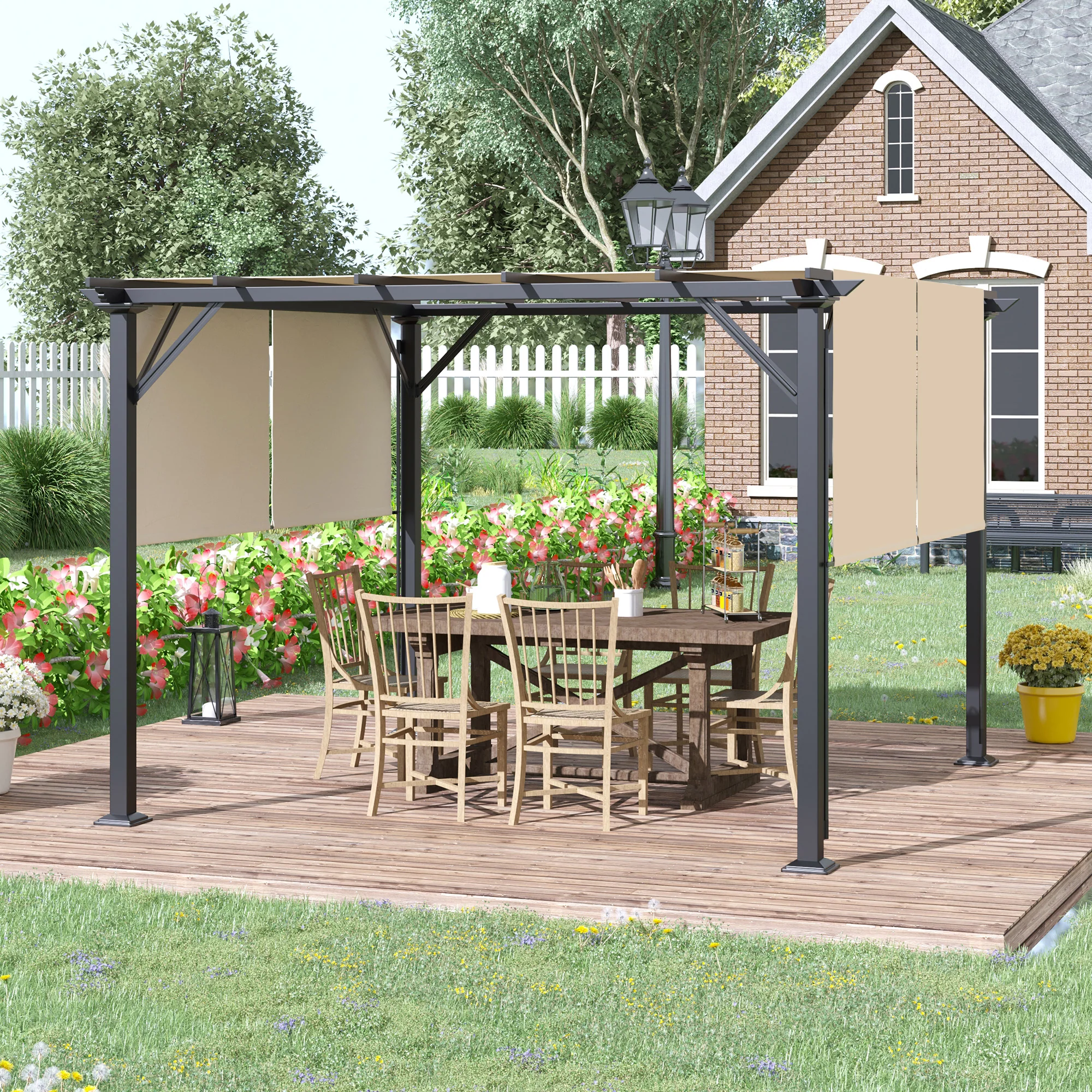 12' x 10' Retractable Pergola Canopy, Sun Shade, Unique Design, Metal Shelter, Beige - Image 3
