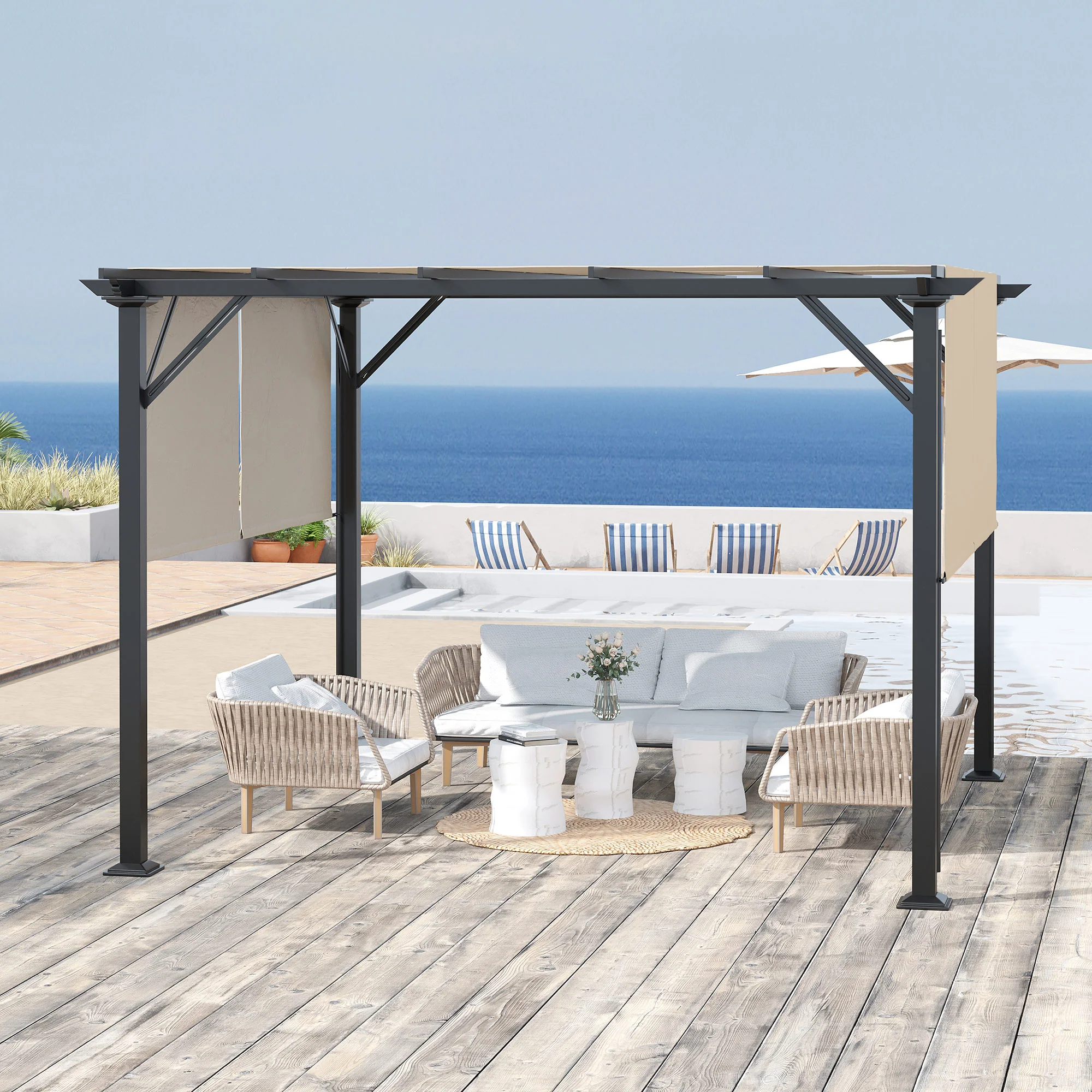 12' x 10' Retractable Pergola Canopy, Sun Shade, Unique Design, Metal Shelter, Beige - Image 4