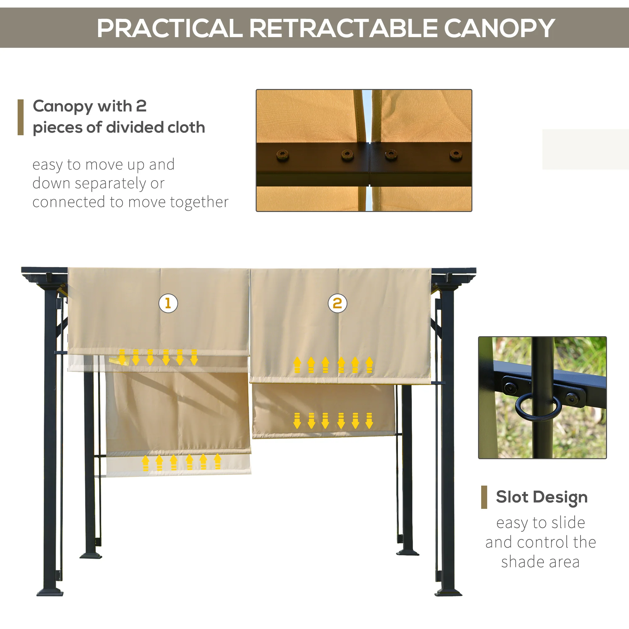 12' x 10' Retractable Pergola Canopy, Sun Shade, Unique Design, Metal Shelter, Beige - Image 8