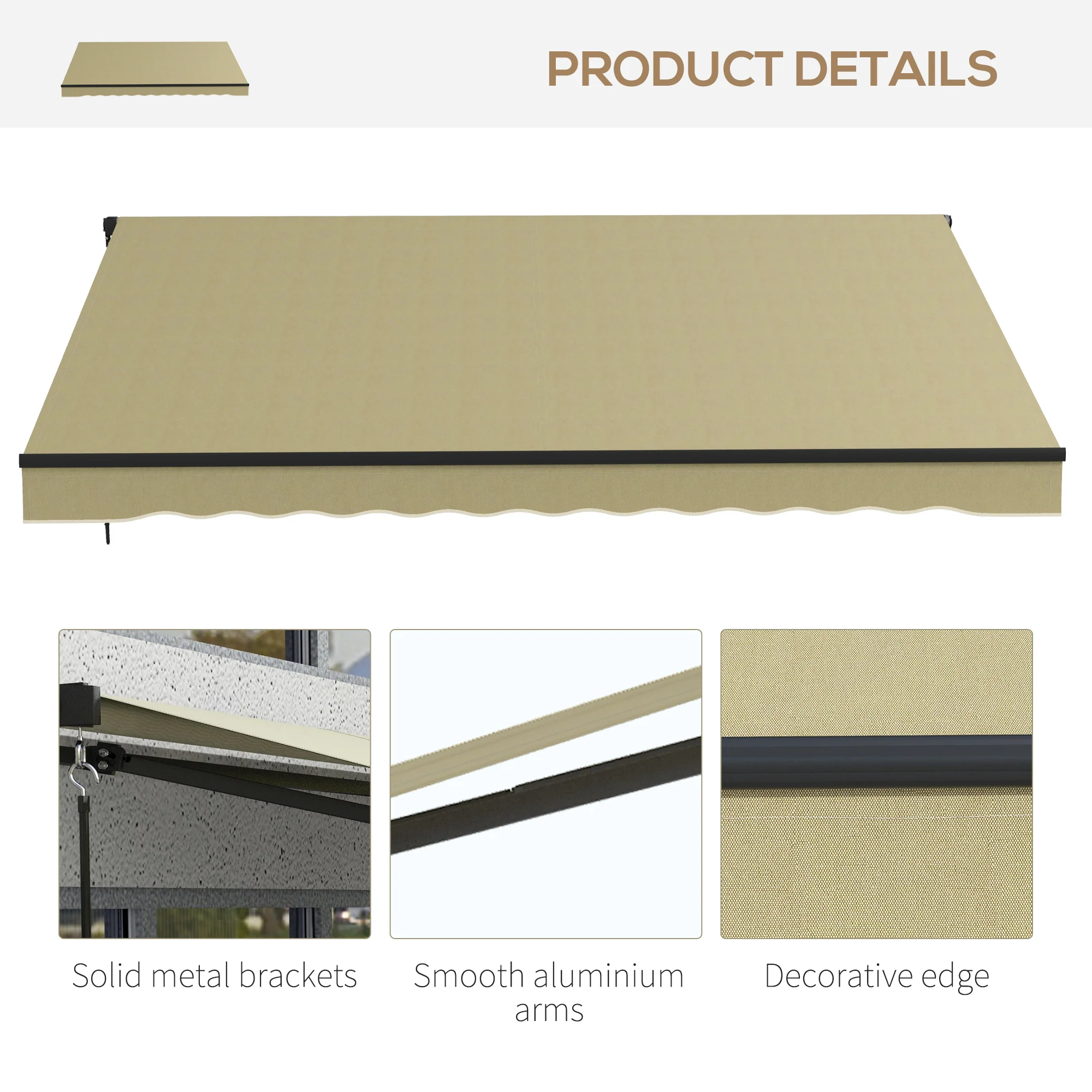 12' x 10' Retractable Awning, UV-Resistant 280GSM Sunshade Shelter for Deck & Balcony, Beige - Image 10
