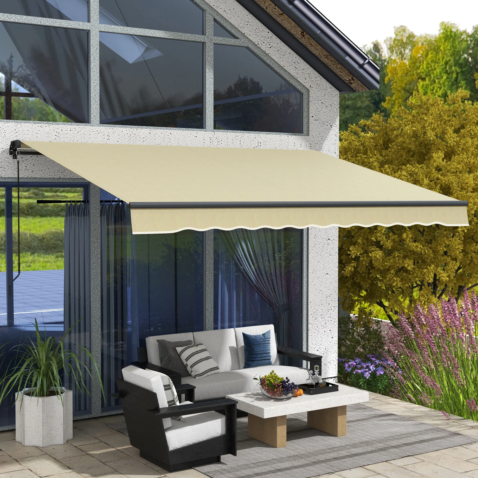 12' x 10' Retractable Awning, UV-Resistant 280GSM Sunshade Shelter for Deck & Balcony, Beige - Image 3