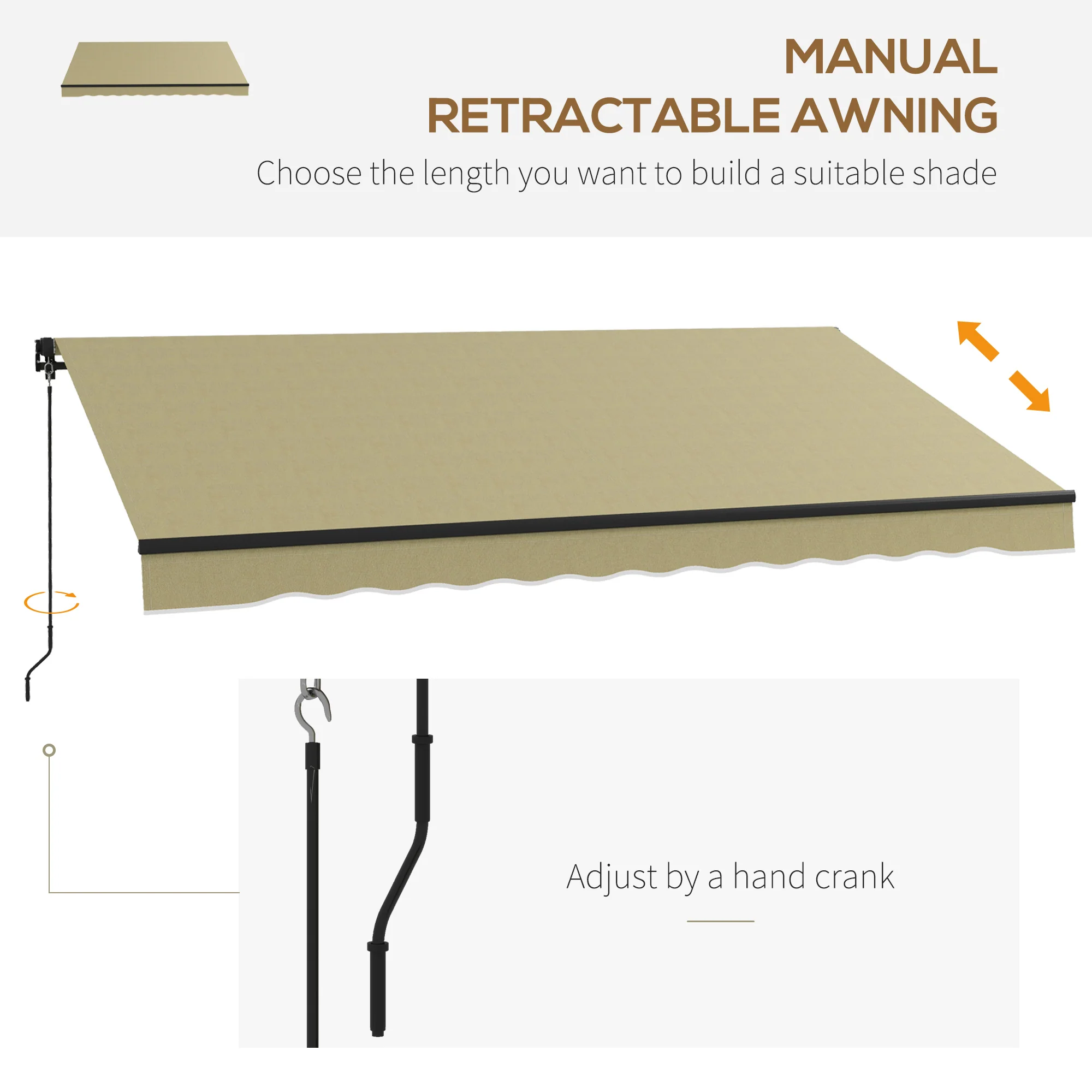 12' x 10' Retractable Awning, UV-Resistant 280GSM Sunshade Shelter for Deck & Balcony, Beige - Image 6