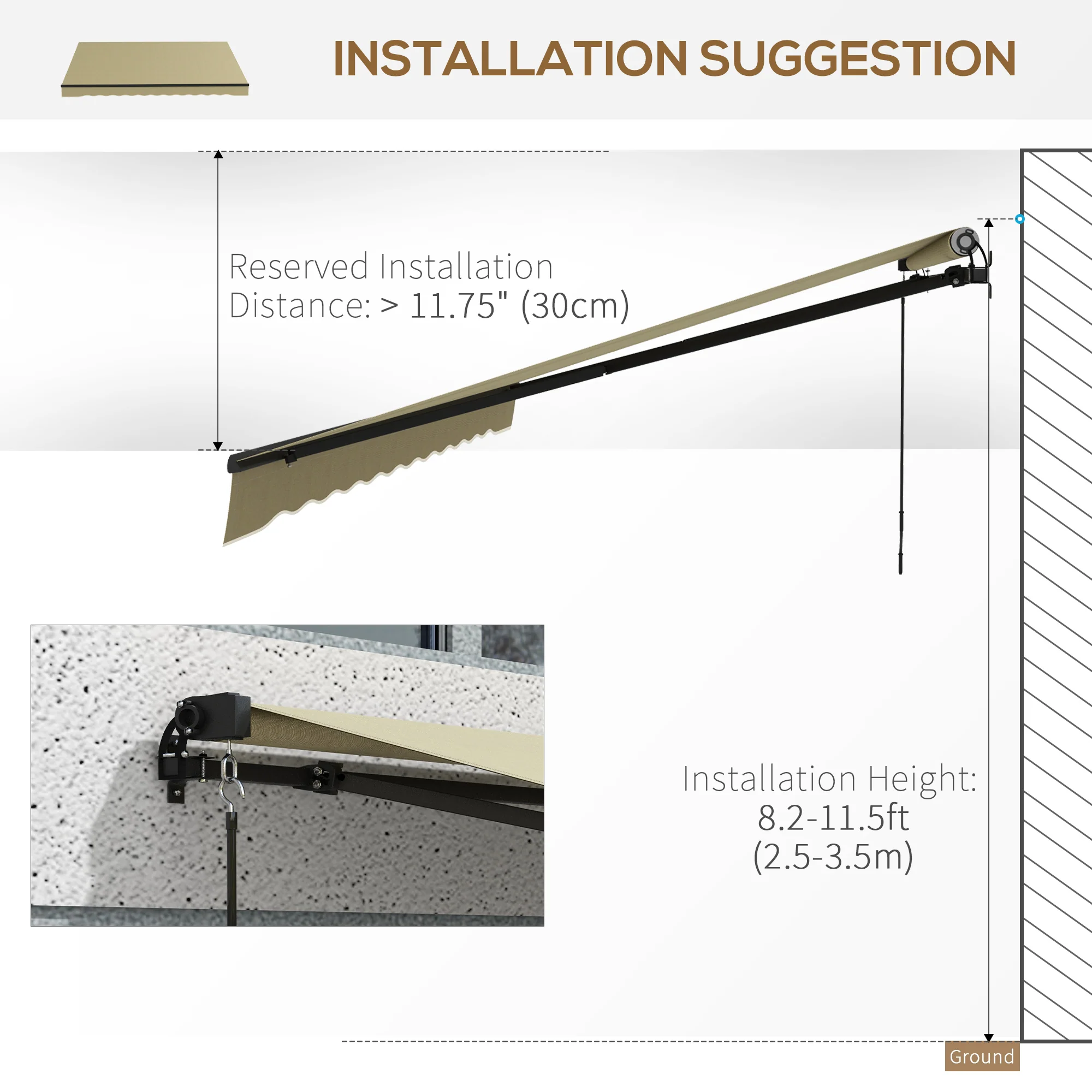 12' x 10' Retractable Awning, UV-Resistant 280GSM Sunshade Shelter for Deck & Balcony, Beige - Image 9