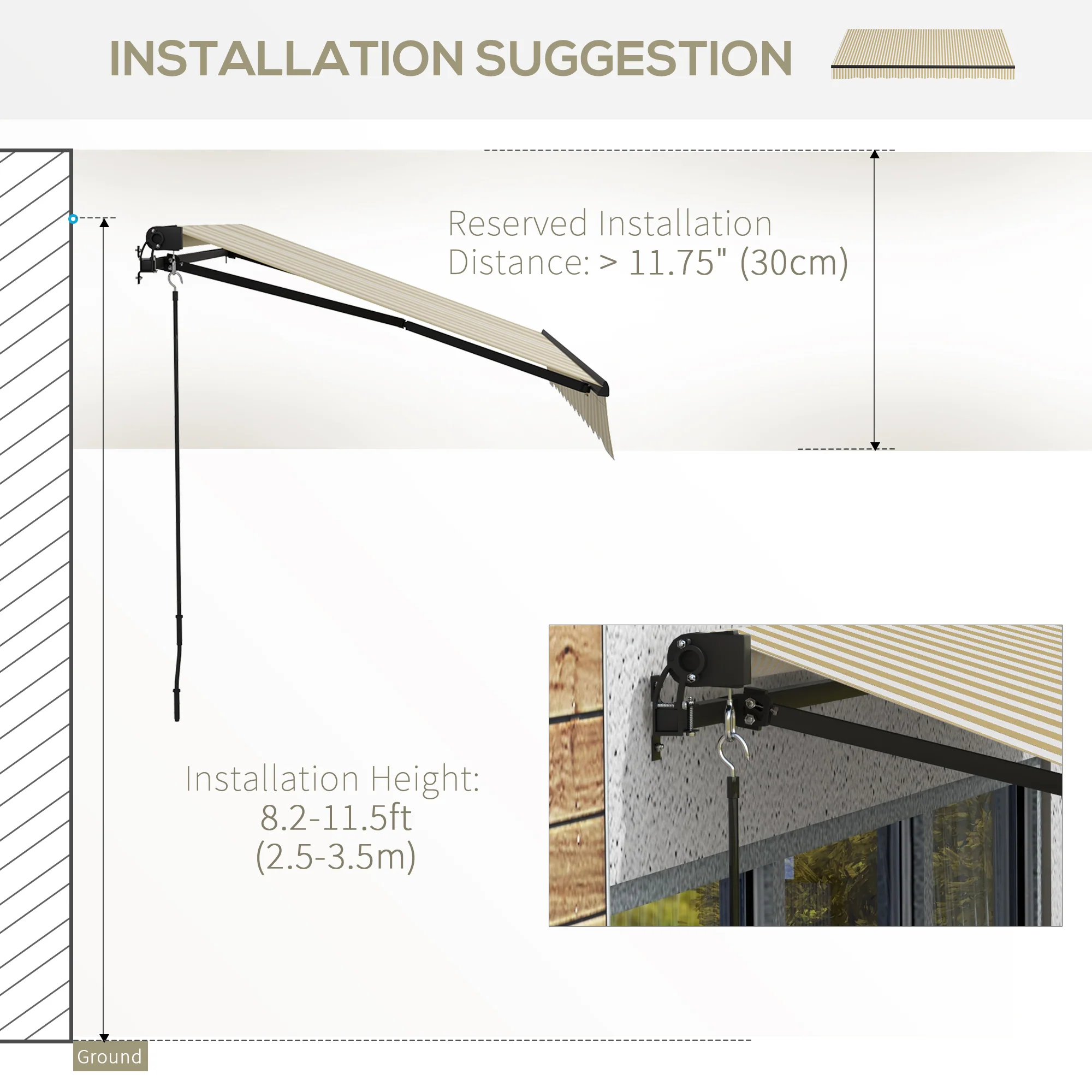 12' x 10' Retractable Awning UV-Resistant 280gsm Sunshade, Beige & White - Image 9
