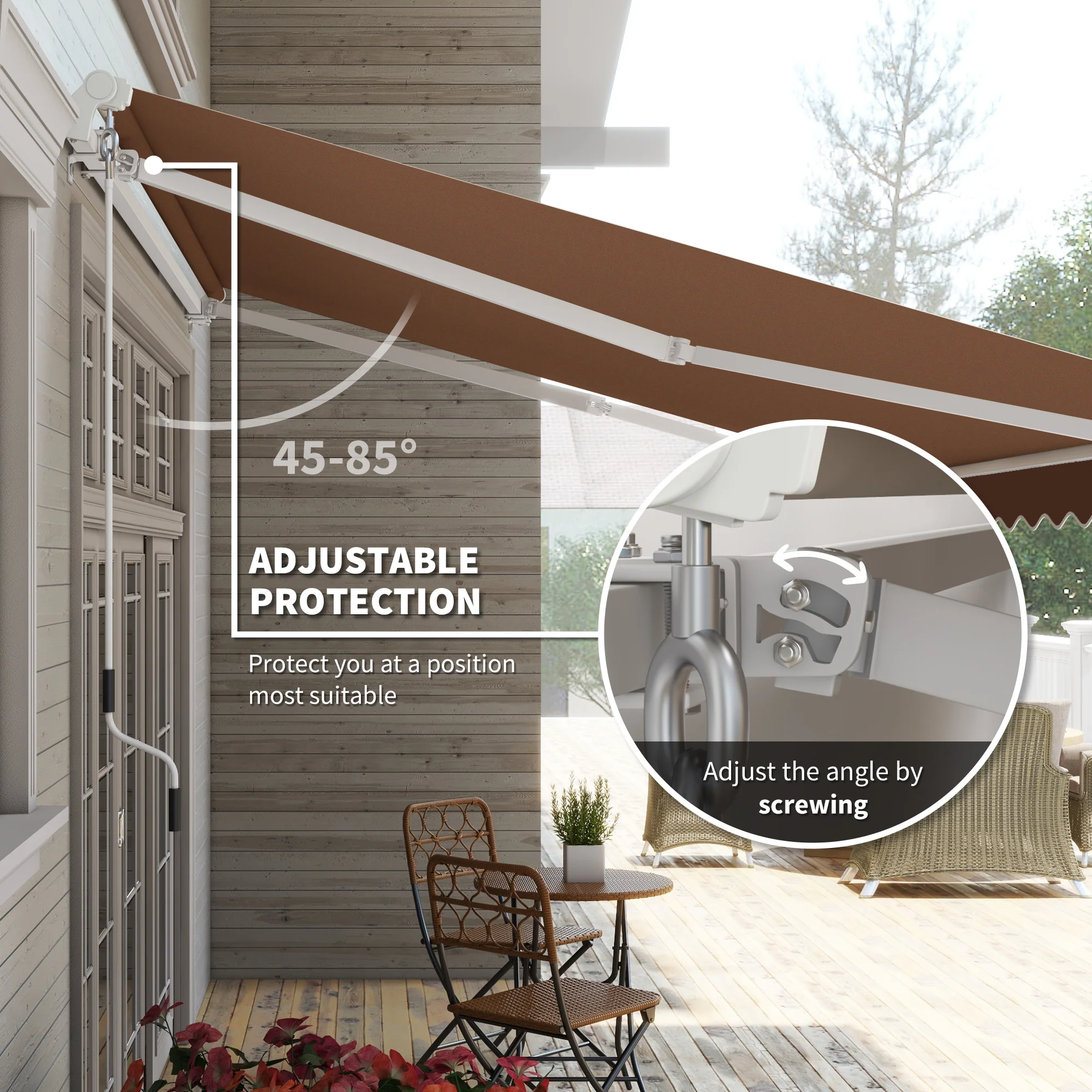12' x 10' Retractable Patio Awning with Manual Crank, UV & Water-Resistant Fabric, Coffee - Image 6