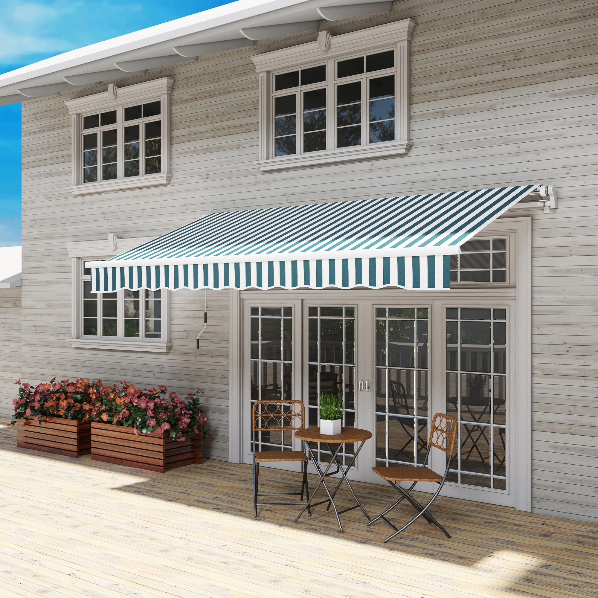 12' x 10' Retractable Awning with Manual Crank, UV/Water-Resistant Fabric, Green/White - Image 4