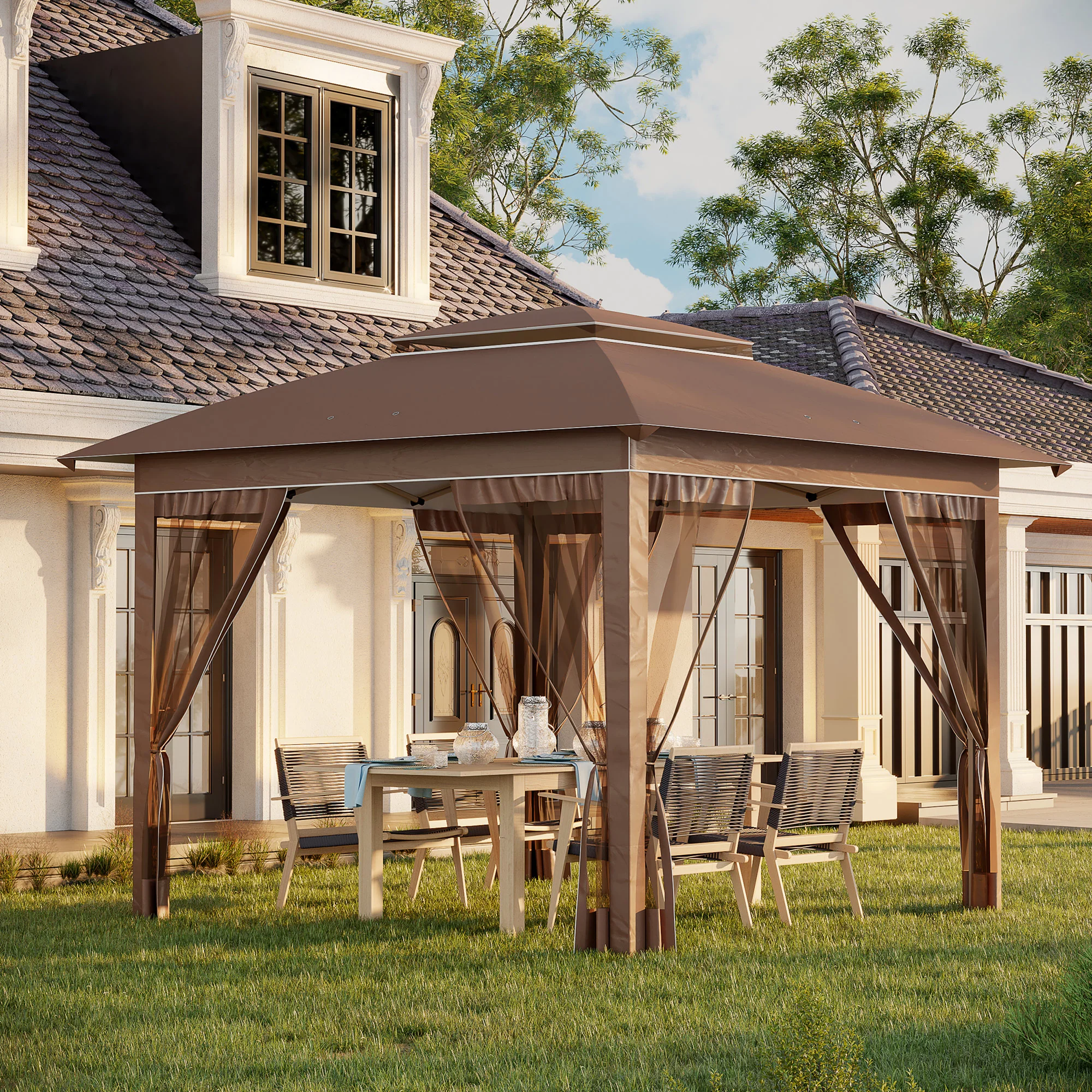 12' x 12' Pop-Up Canopy Tent with Netting, Adjustable Height Outdoor Shelter, Khaki - Image 3