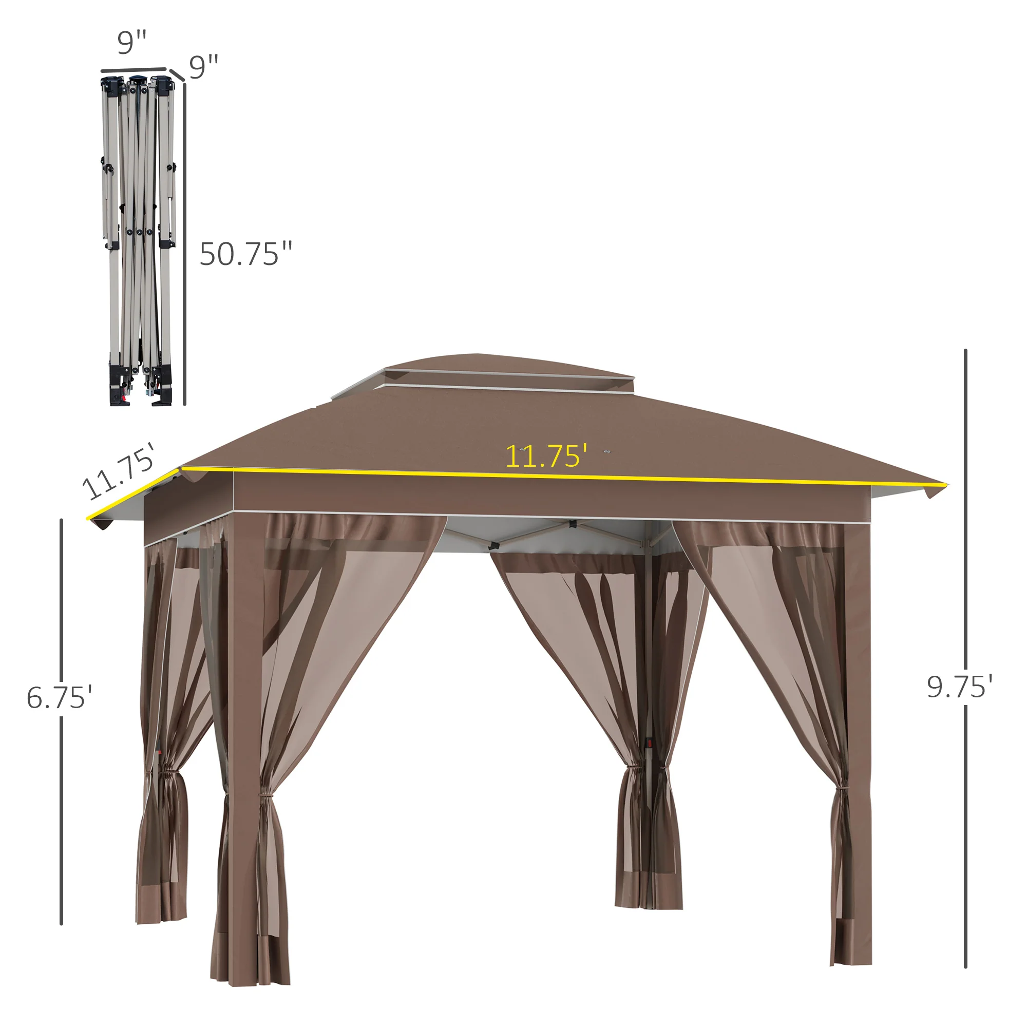 12' x 12' Pop-Up Canopy Tent with Netting, Adjustable Height Outdoor Shelter, Khaki - Image 5