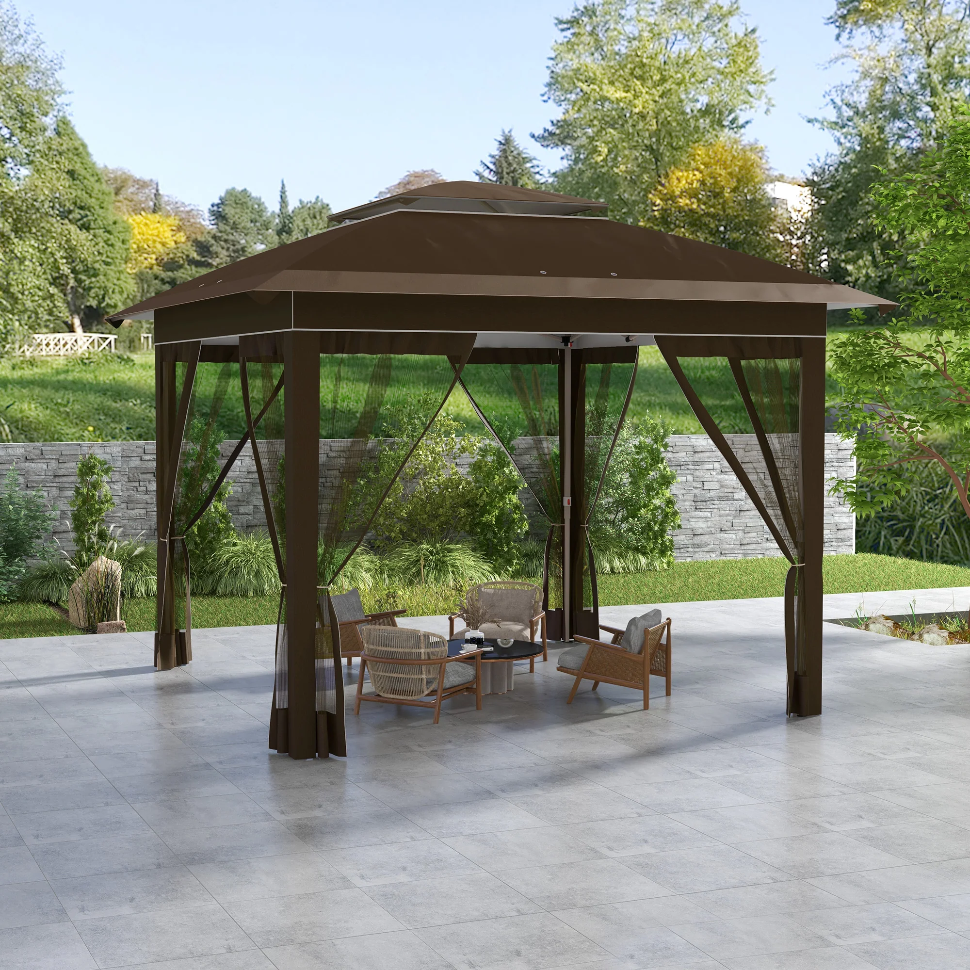 12' x 12' Pop-Up Canopy Tent with Netting & Carry Bag, Instant Shelter, 137 sq.ft Shade, Dark Brown - Image 3