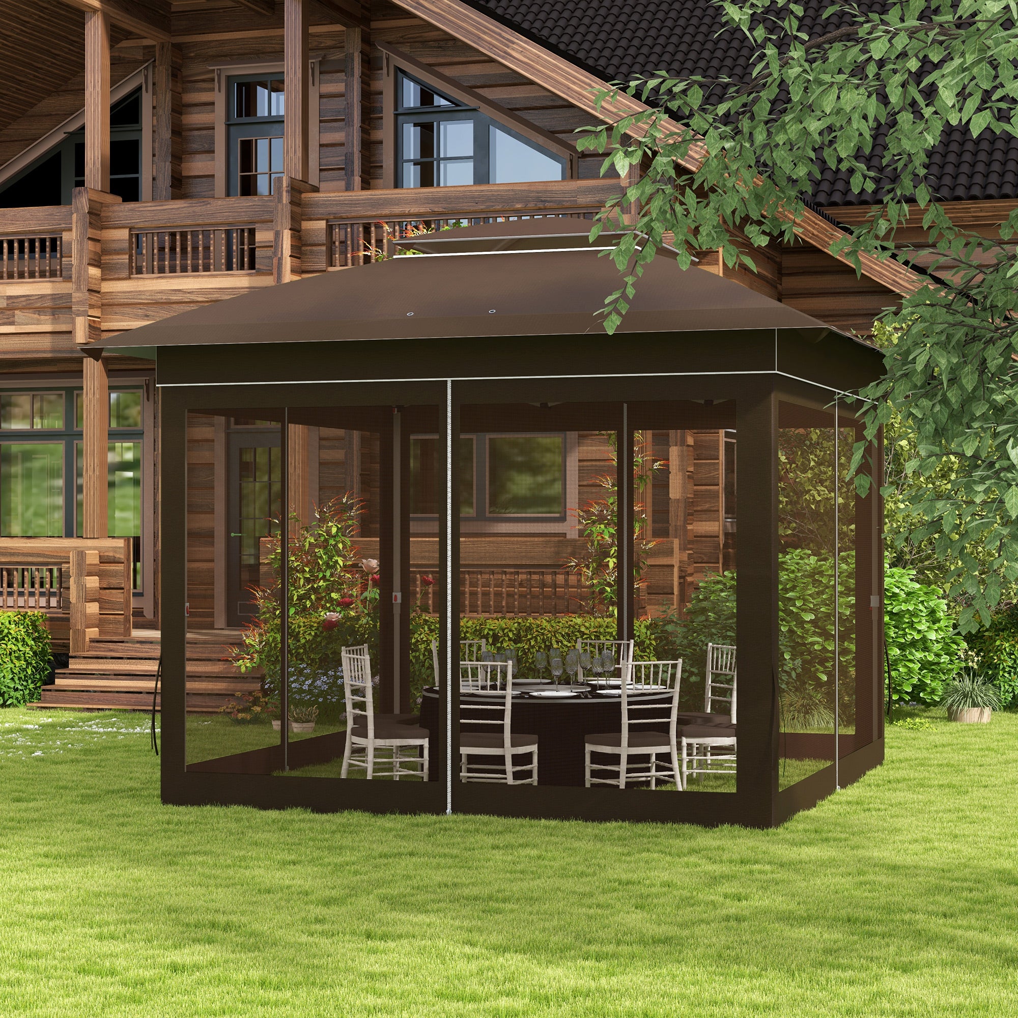 12' x 12' Pop-Up Canopy Tent with Netting & Carry Bag, Instant Shelter, 137 sq.ft Shade, Dark Brown - Image 4