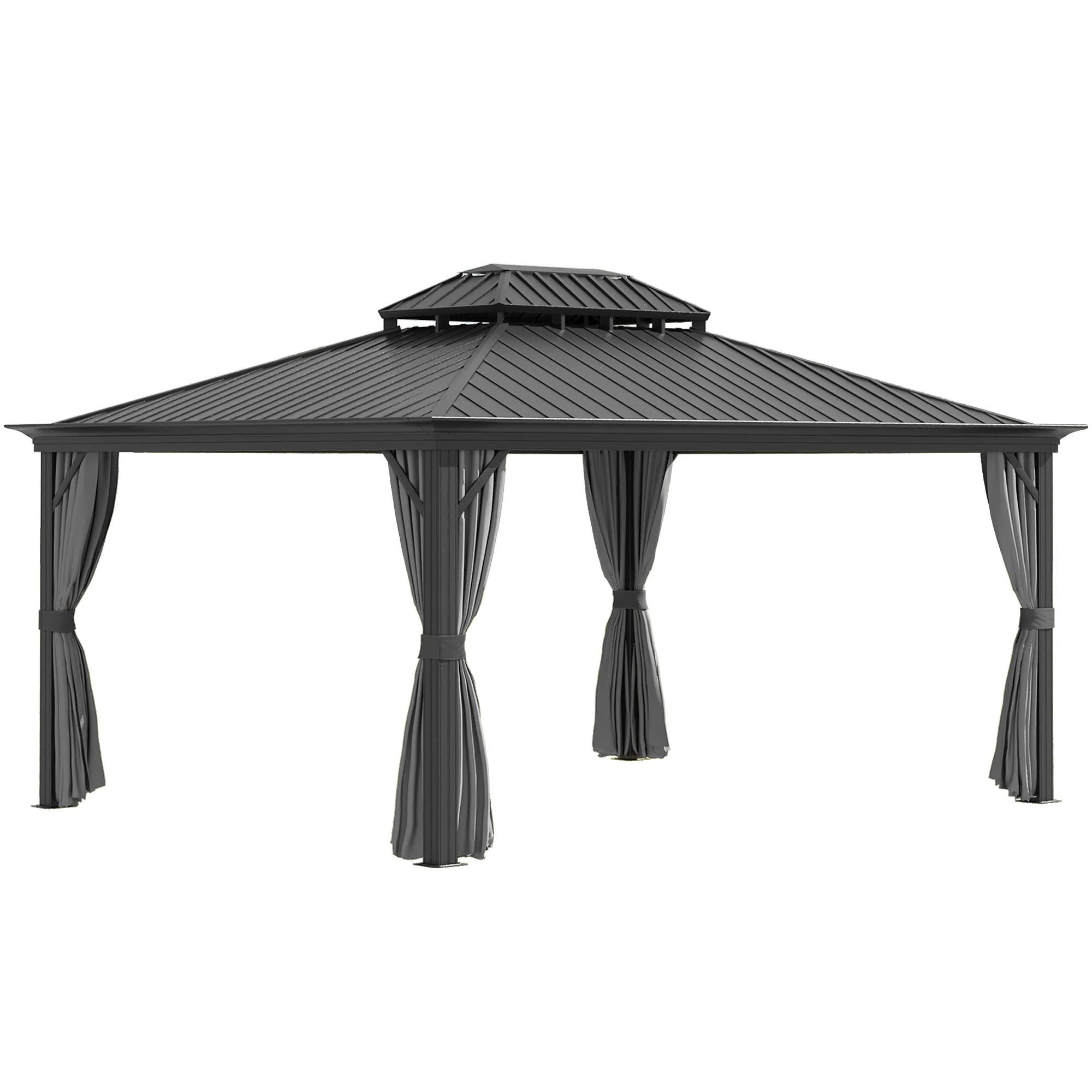 12' x 16' Hardtop Gazebo with Metal Double Roof, Aluminum Frame & Curtains, Gray