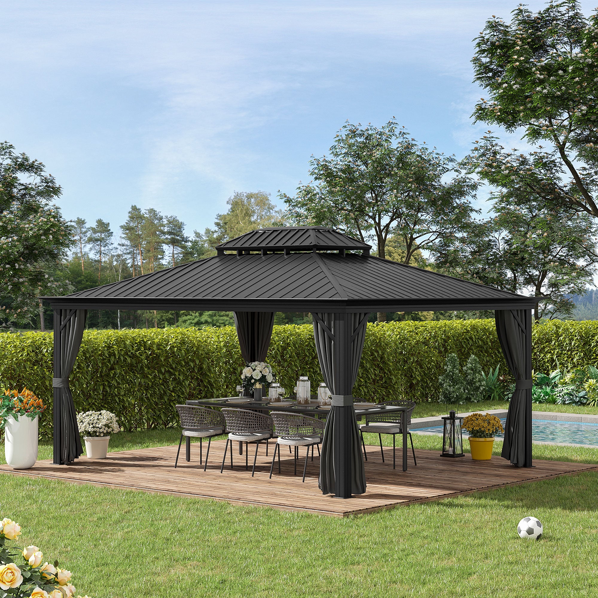 12' x 16' Hardtop Gazebo with Metal Double Roof, Aluminum Frame & Curtains, Gray - Image 3