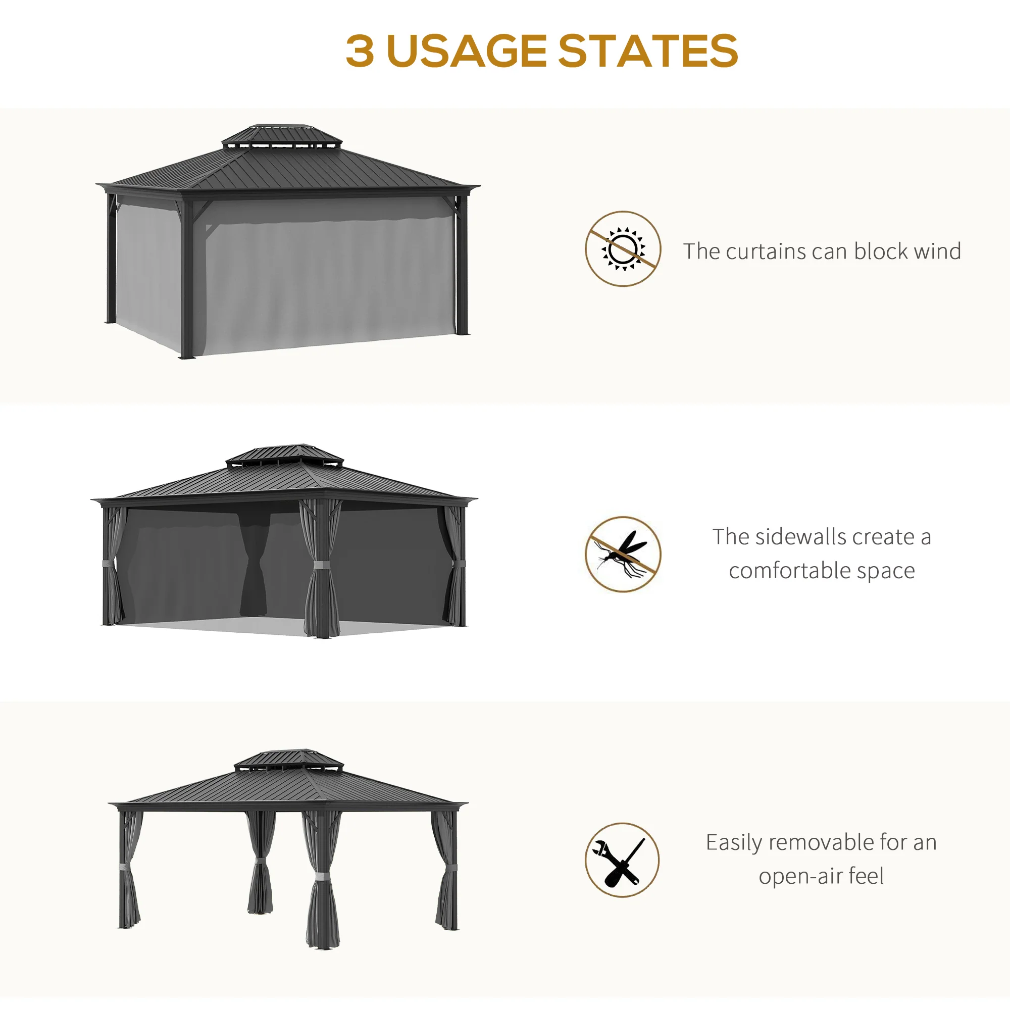 12' x 16' Hardtop Gazebo with Metal Double Roof, Aluminum Frame & Curtains, Gray - Image 8