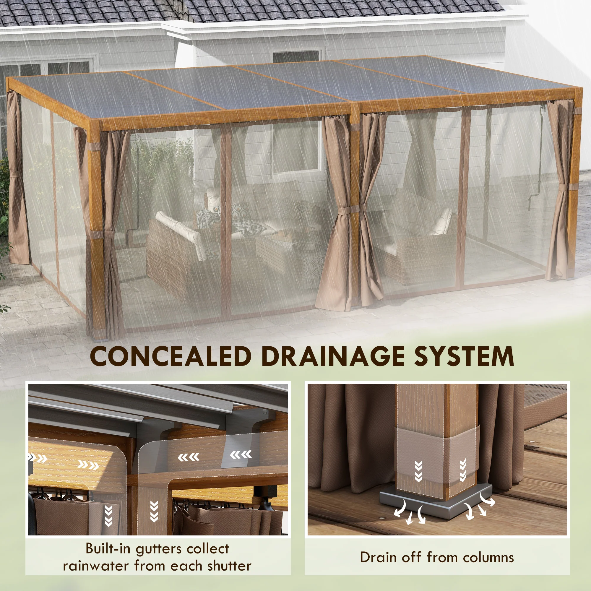 12' x 19' Aluminum Outdoor Pergola with Adjustable Louvered, Curtains & Netting, Natural - Image 10
