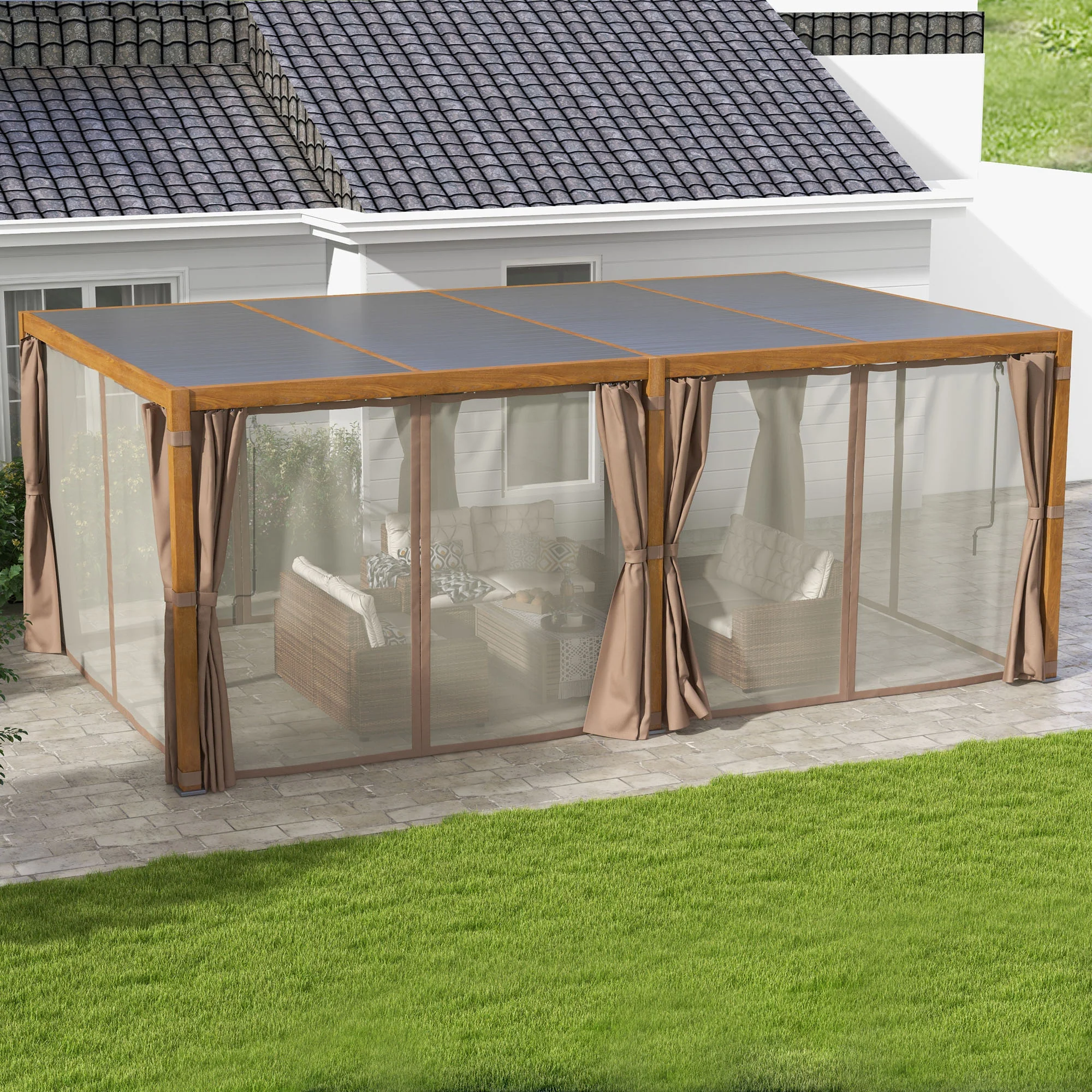 12' x 19' Aluminum Outdoor Pergola with Adjustable Louvered, Curtains & Netting, Natural - Image 3