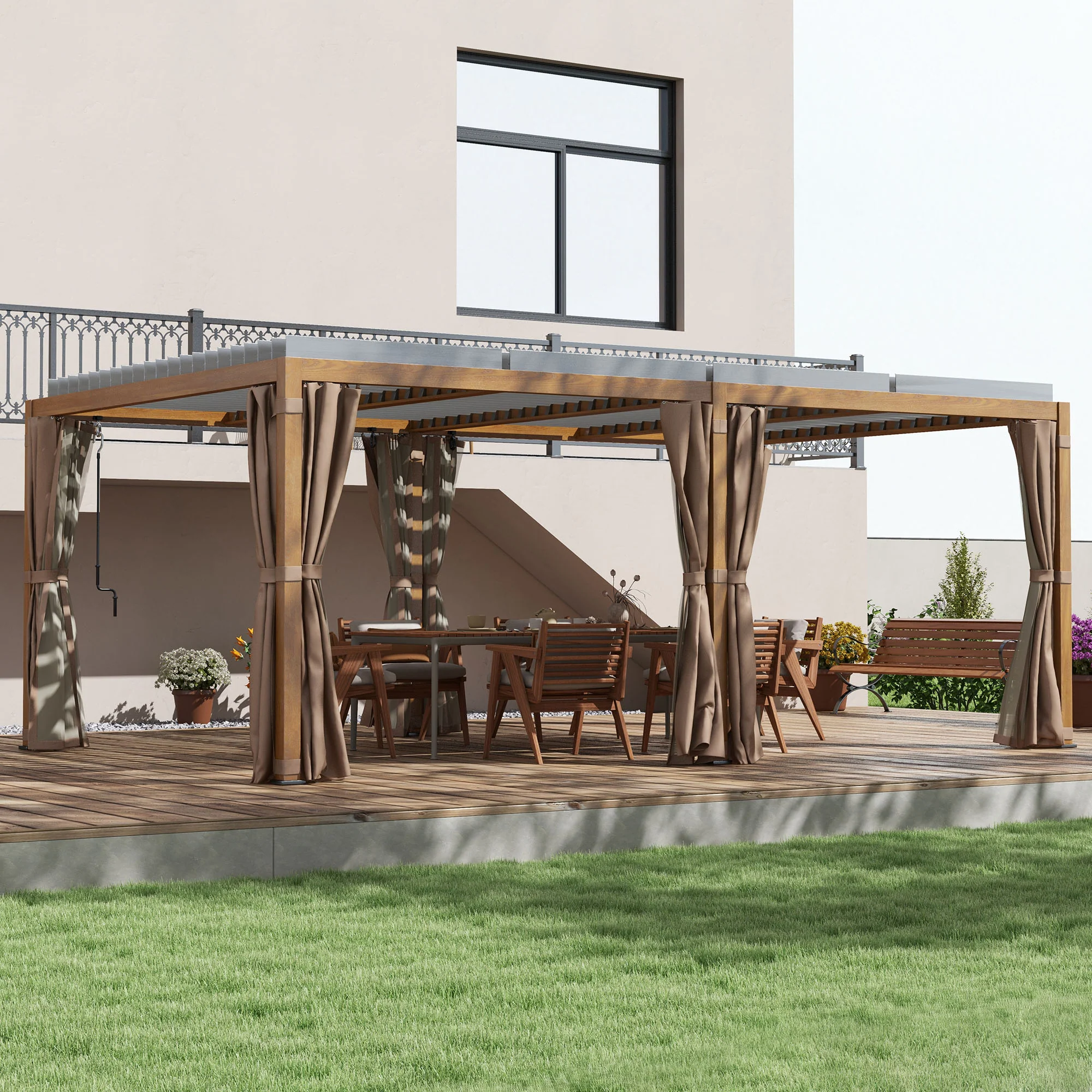 12' x 19' Aluminum Outdoor Pergola with Adjustable Louvered, Curtains & Netting, Natural - Image 4