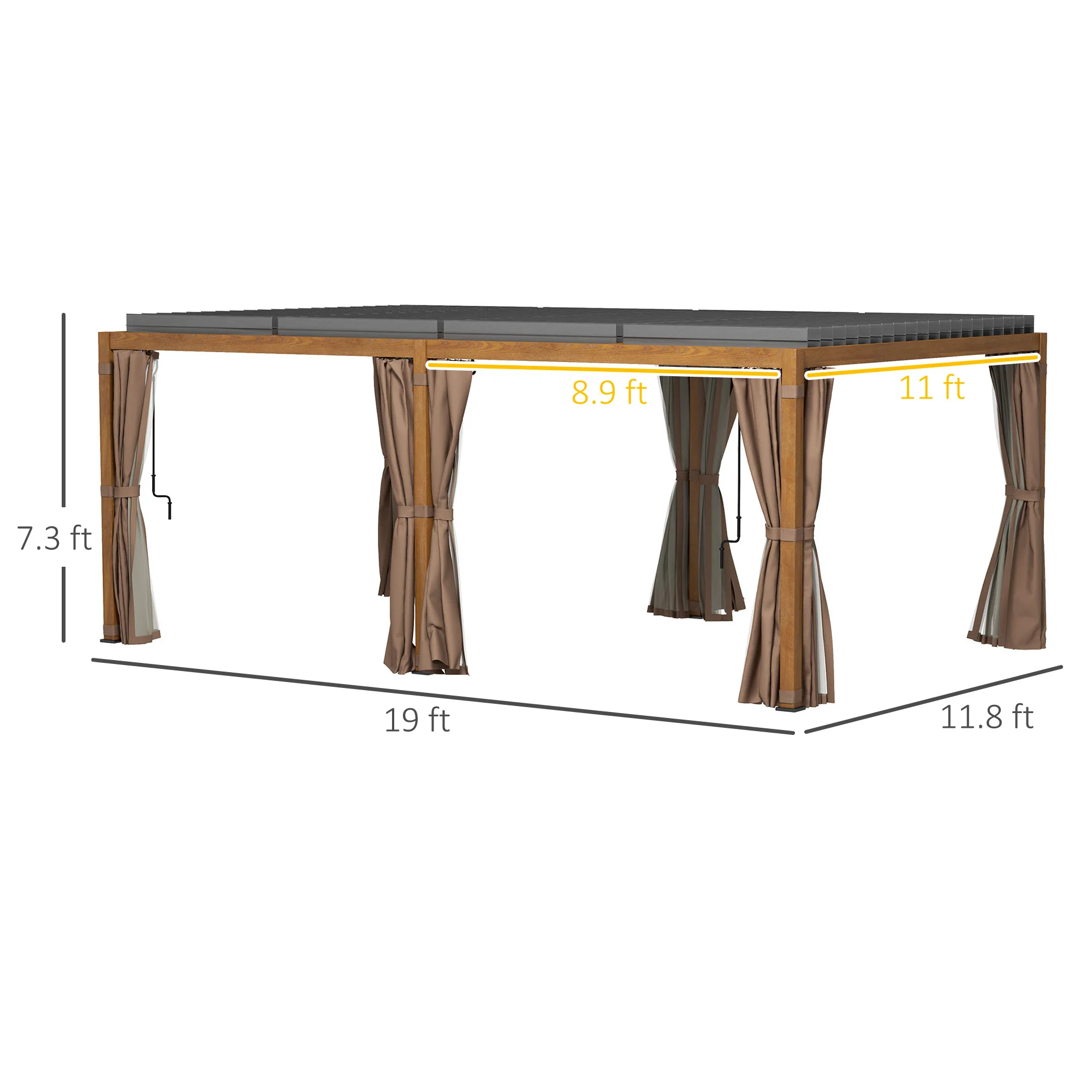 12' x 19' Aluminum Outdoor Pergola with Adjustable Louvered, Curtains & Netting, Natural - Image 5