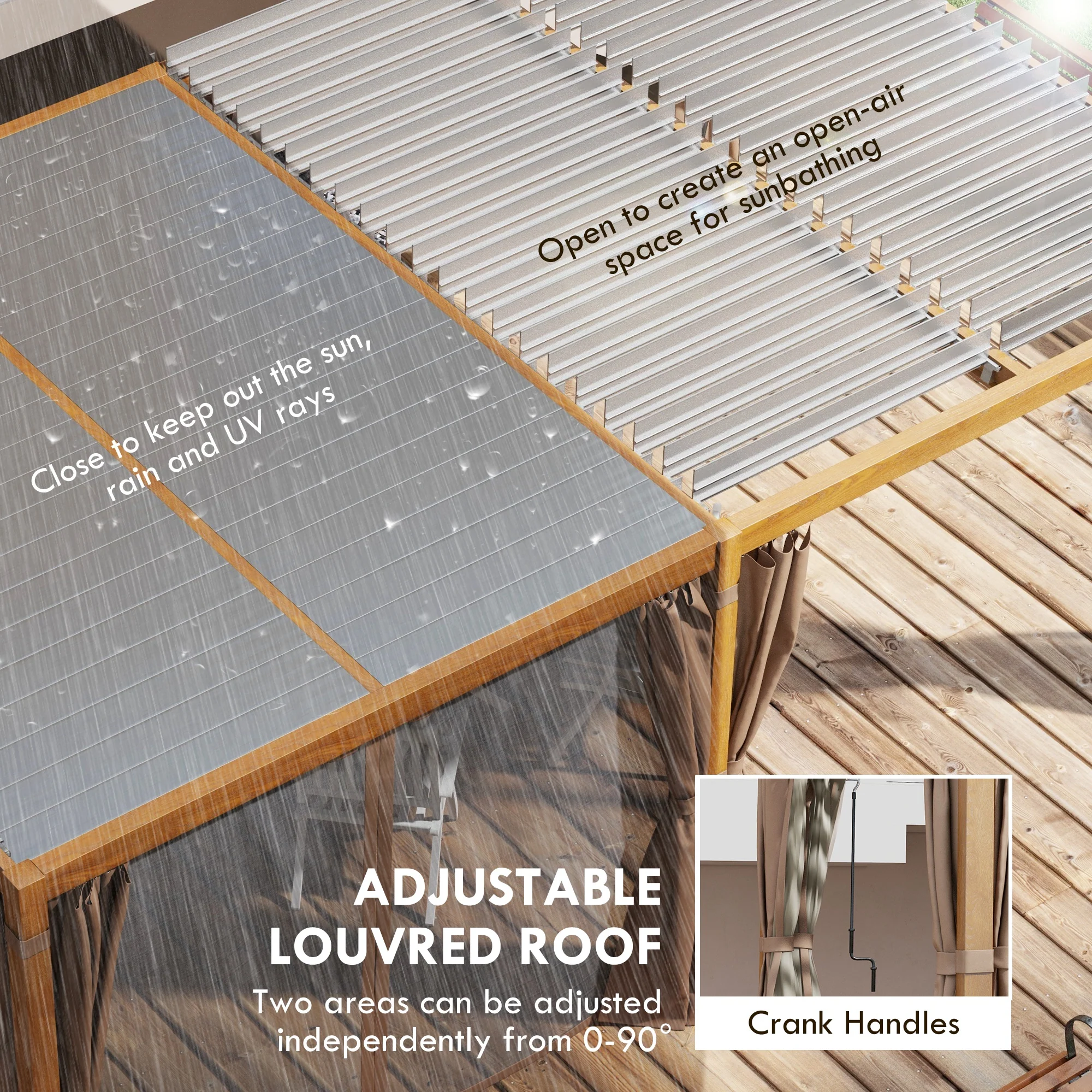 12' x 19' Aluminum Outdoor Pergola with Adjustable Louvered, Curtains & Netting, Natural - Image 6