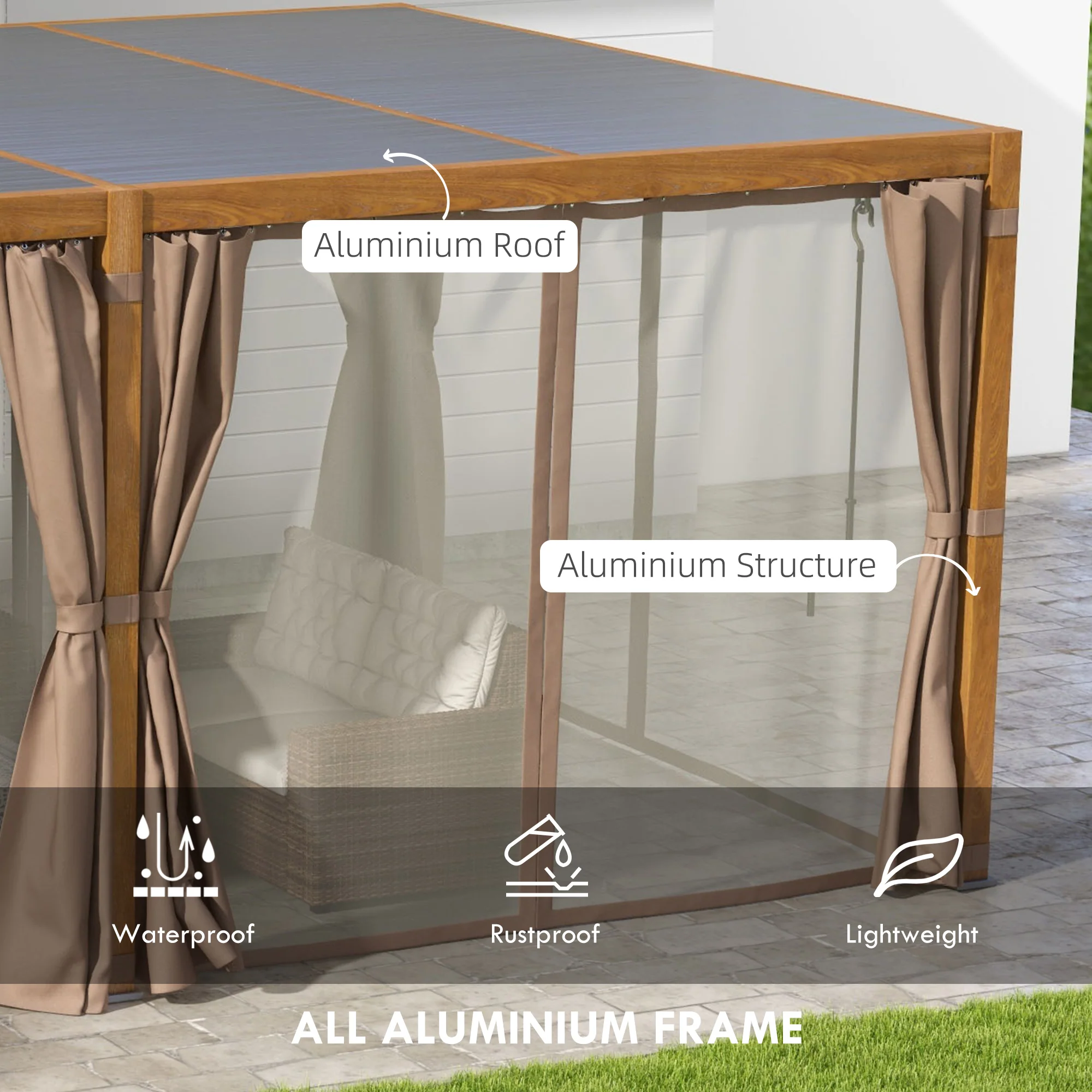 12' x 19' Aluminum Outdoor Pergola with Adjustable Louvered, Curtains & Netting, Natural - Image 7