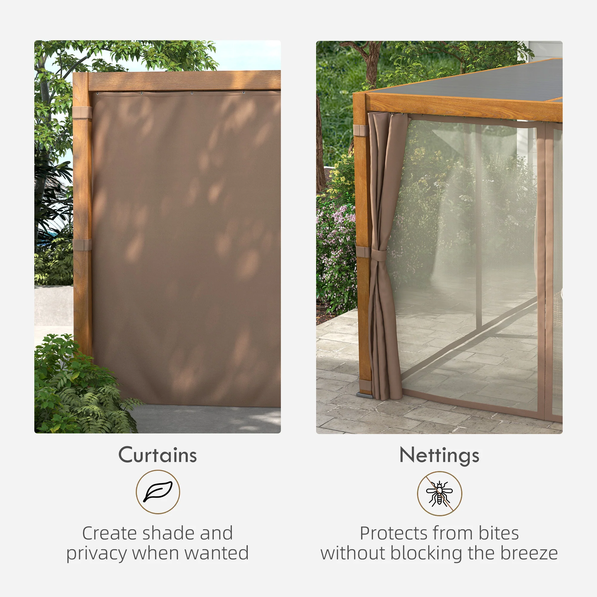 12' x 19' Aluminum Outdoor Pergola with Adjustable Louvered, Curtains & Netting, Natural - Image 8