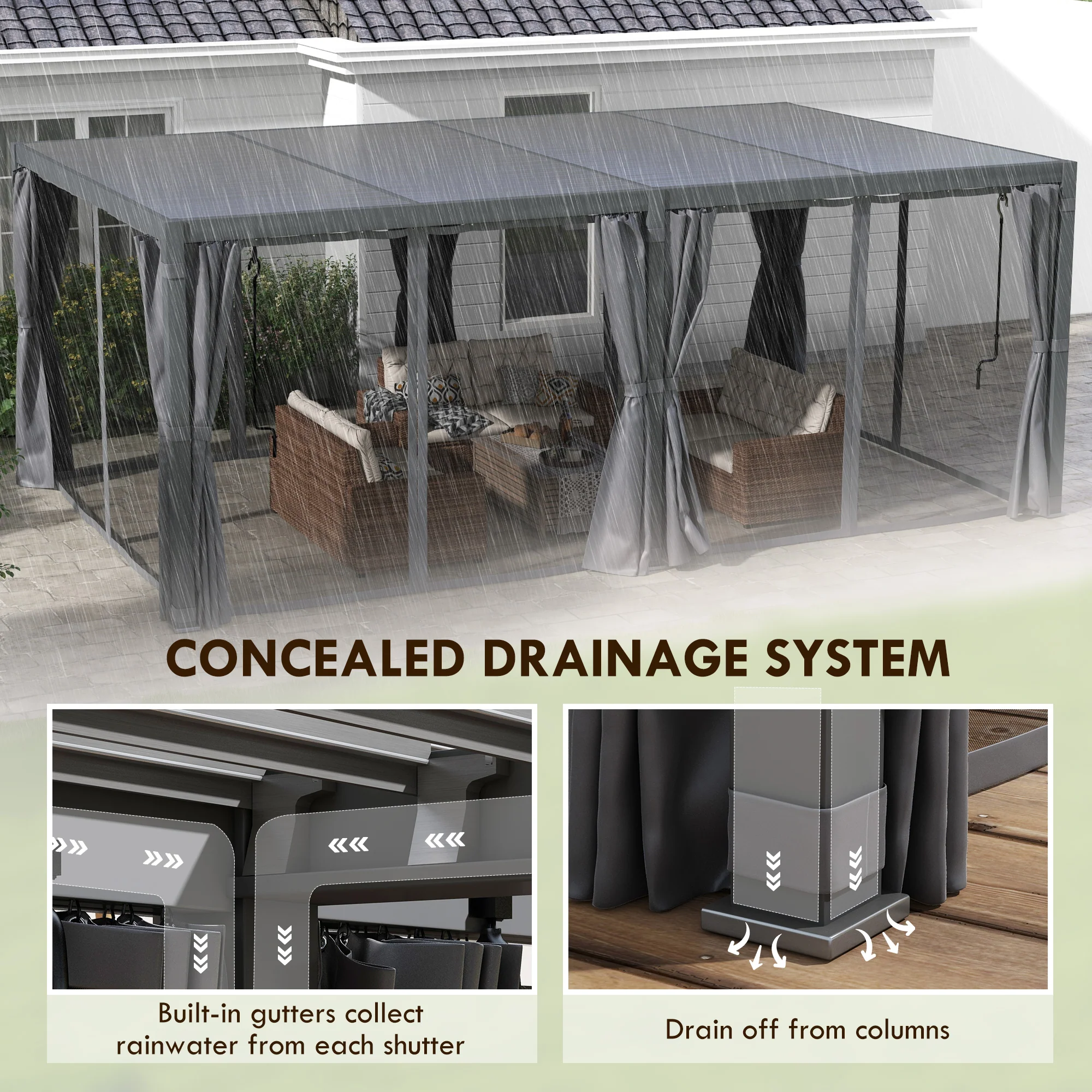 12' x 19' Aluminum Pergola with Adjustable Louvers, Curtains & Netting, Dark Gray - Image 10
