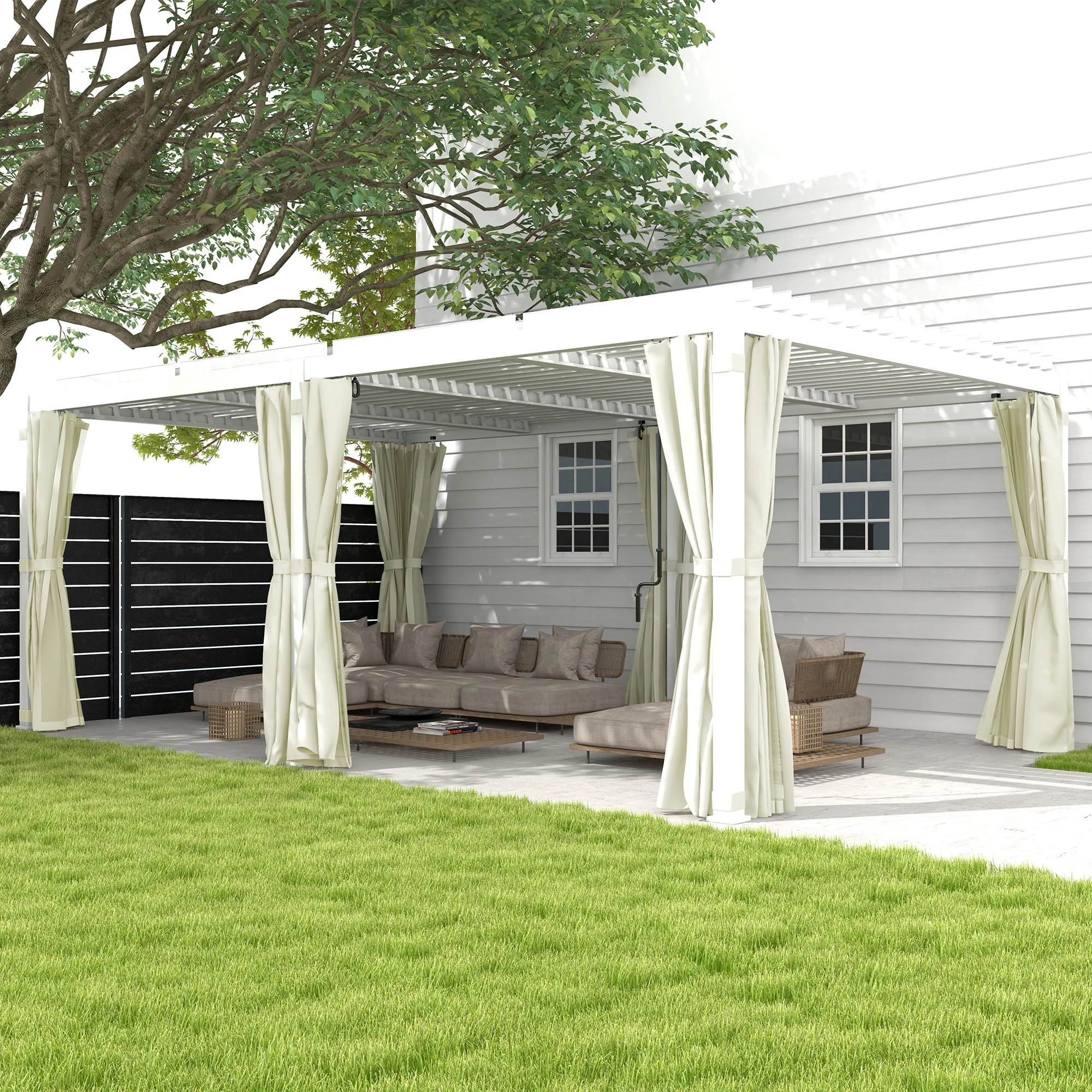 12' x 19' Pergola with Adjustable Louvered, Outdoor Pergola with Curtains and Netting, Cream White - Image 4