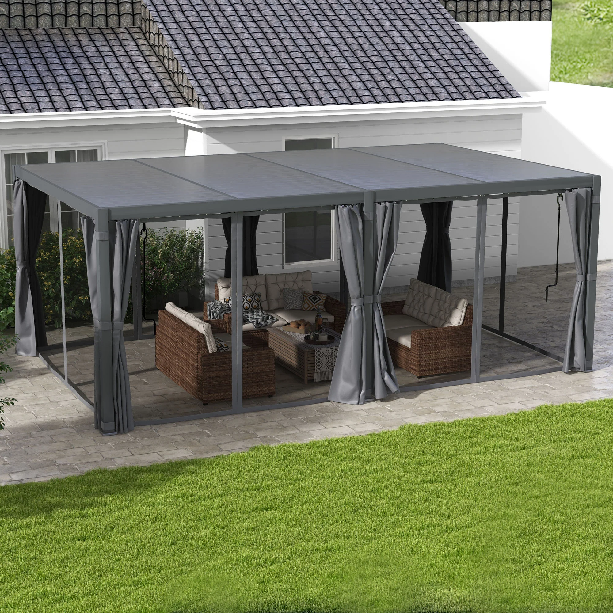 12' x 19' Aluminum Pergola with Adjustable Louvers, Curtains & Netting, Dark Gray - Image 3