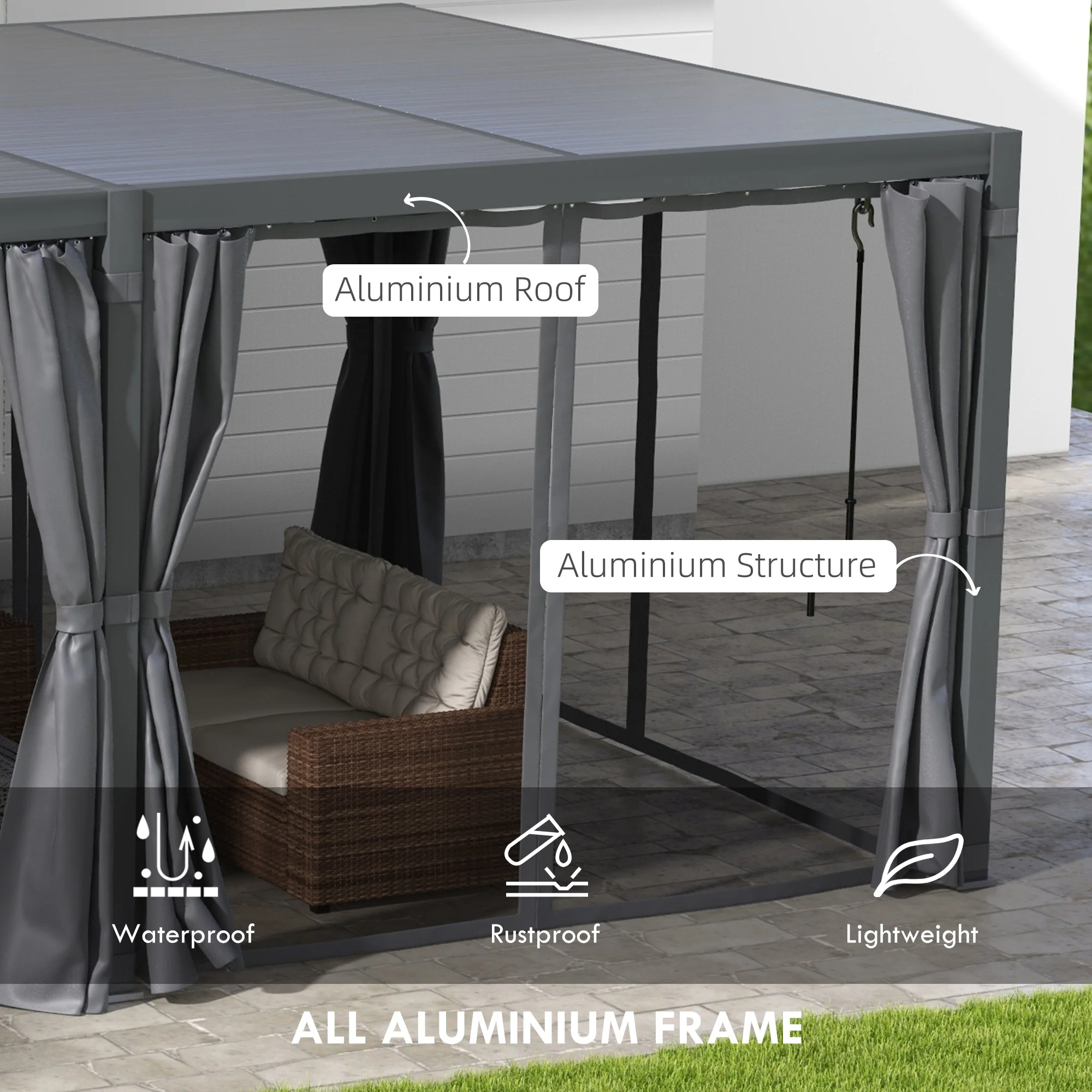 12' x 19' Aluminum Pergola with Adjustable Louvers, Curtains & Netting, Dark Gray - Image 7