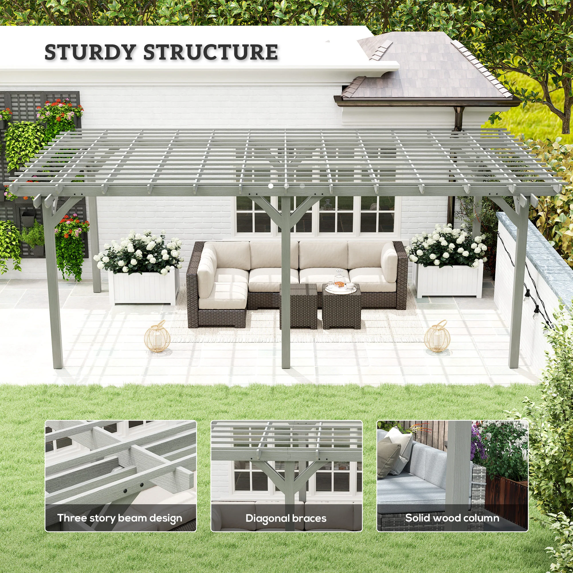 PerArbor 12' x 20' Wood Pergola with Sturdy Trellis for Climbing Plants, Gray - Image 6