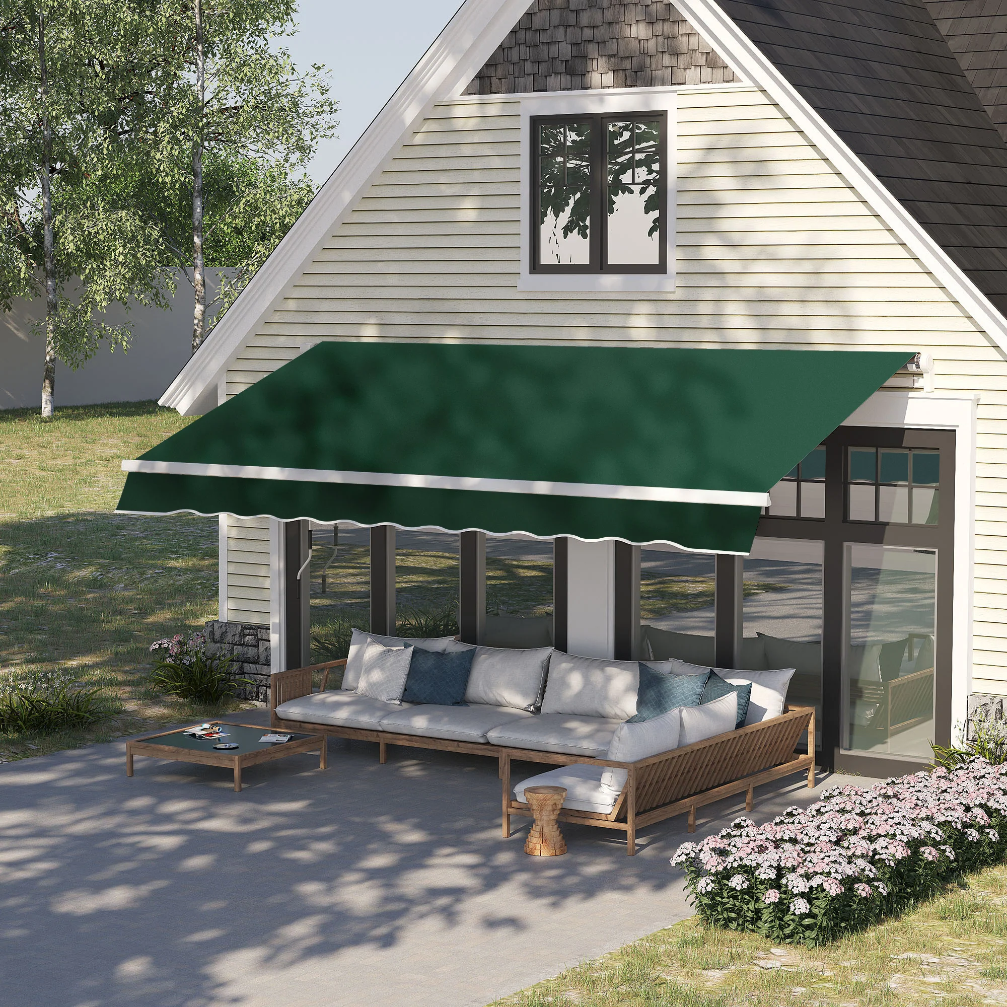12' x 8' Retractable Awning with Manual Crank, UV/Water-Resistant Fabric, Aluminum Frame, Green - Image 4
