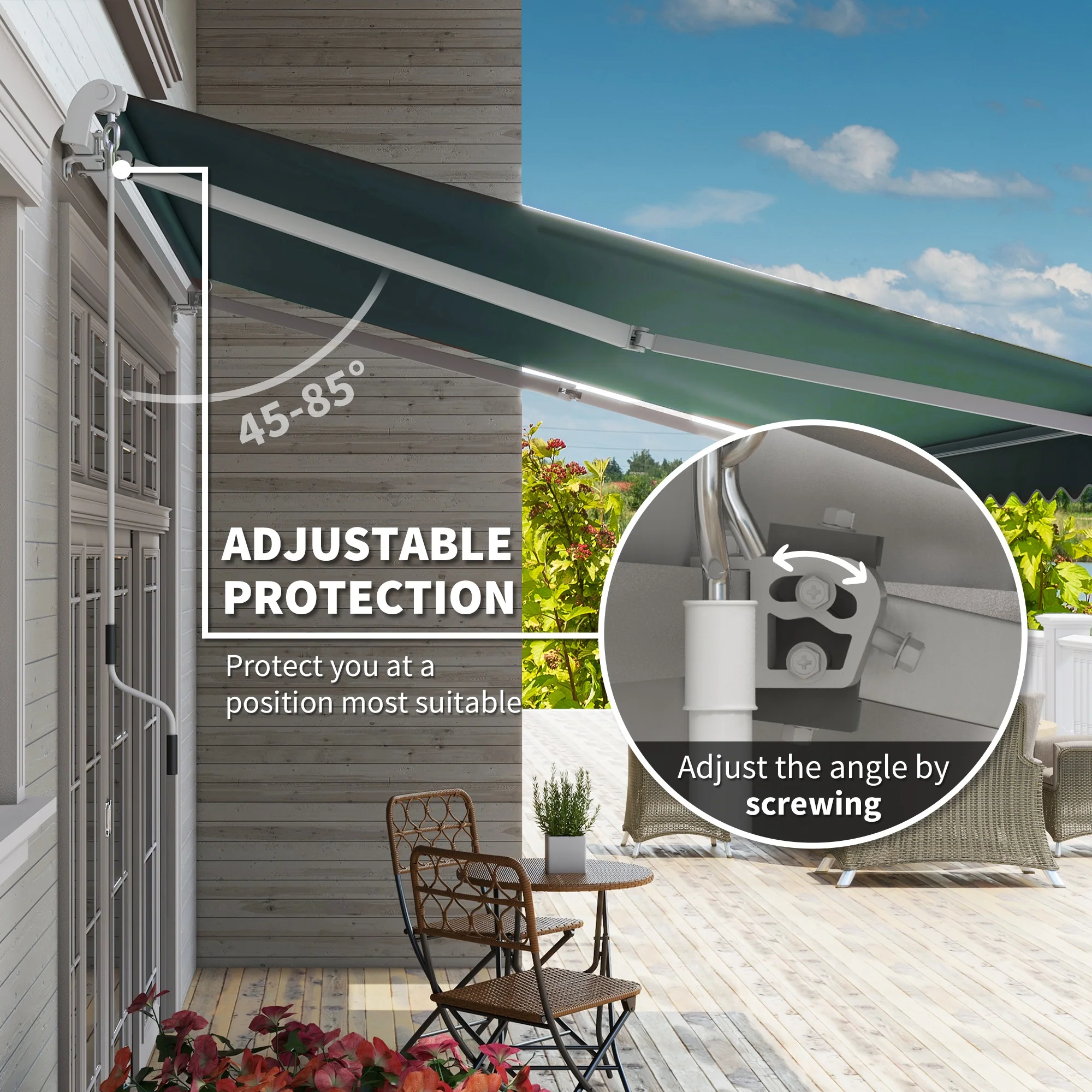 12' x 8' Retractable Awning with Manual Crank, UV/Water-Resistant Fabric, Aluminum Frame, Green - Image 6
