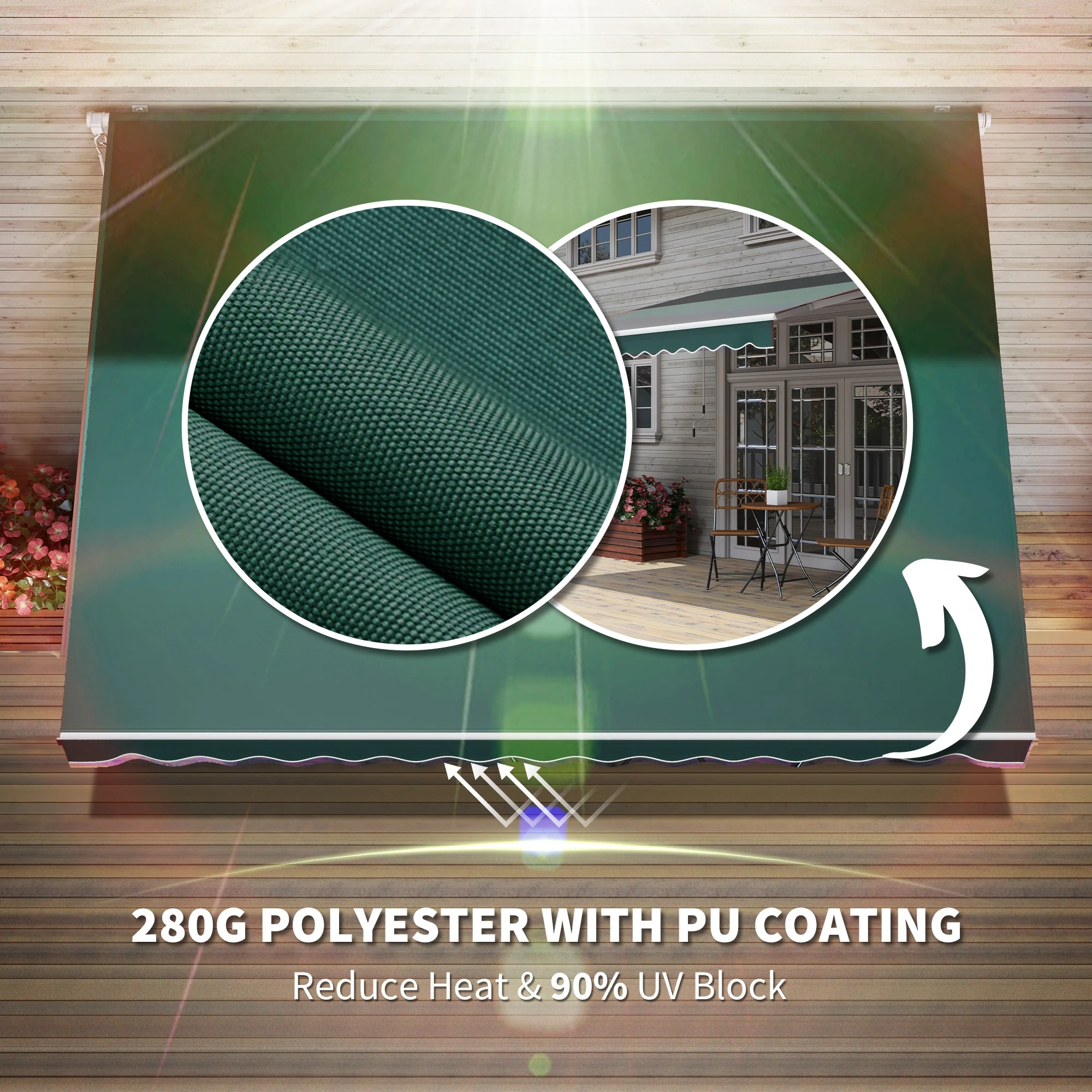 12' x 8' Retractable Awning with Manual Crank, UV/Water-Resistant Fabric, Aluminum Frame, Green - Image 7