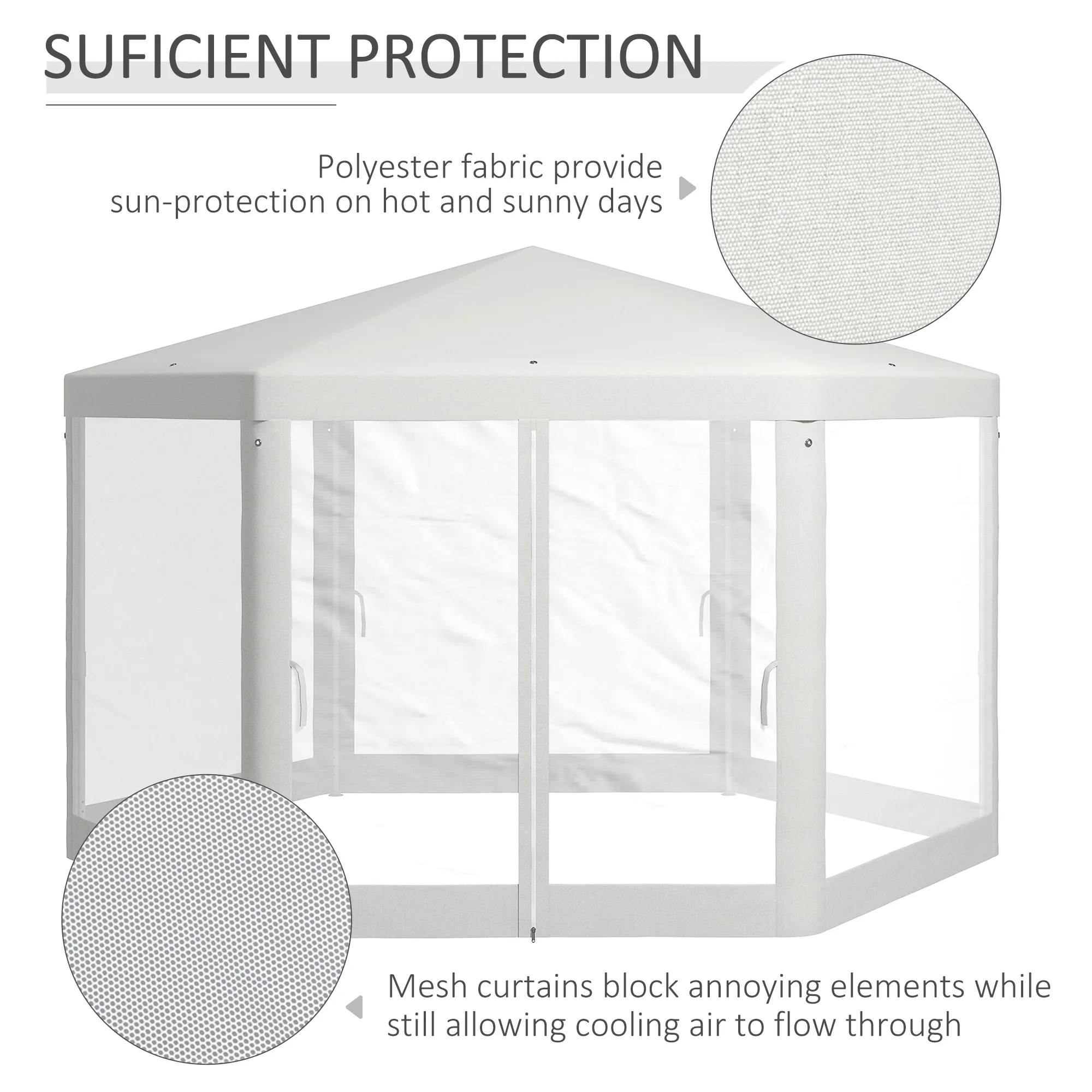 13' x 11' Hexagon Sun Shade Canopy with Protective Mesh Sidewalls, Ropes & Stakes, Cream - Image 6