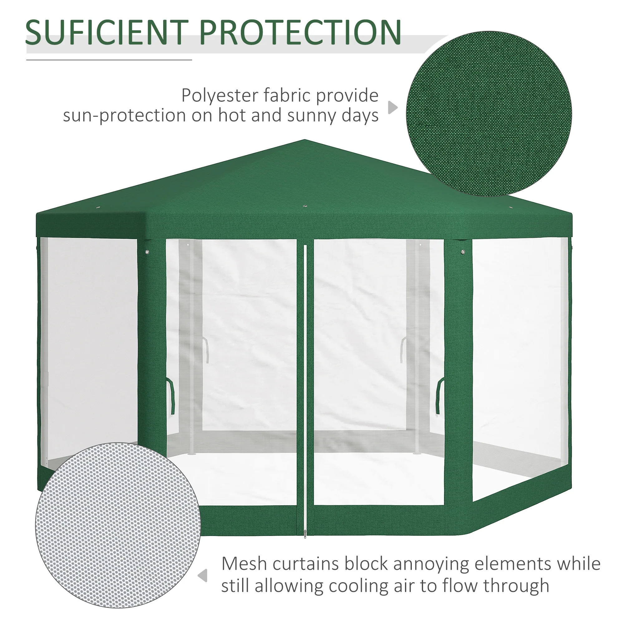 13' x 11' Hexagon Sun Shade Shelter Canopy with Mesh Sidewalls, Ropes, Stakes, Green - Image 6
