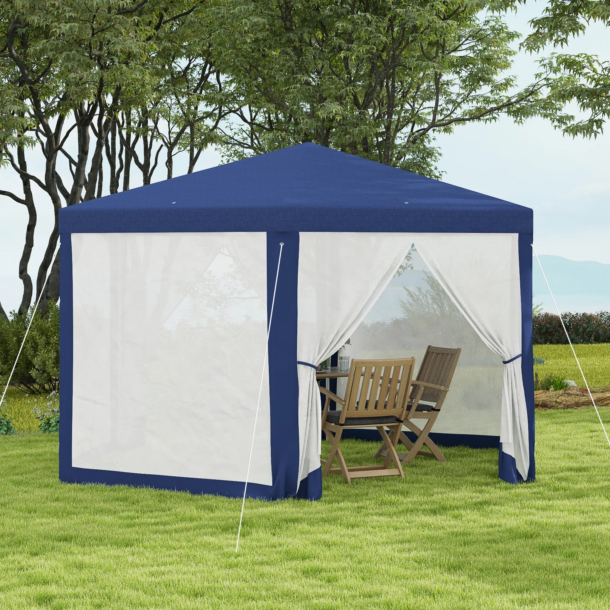 13' x 11' Hexagon Sun Shade Canopy with Protective Mesh Walls & Stakes, Blue - Image 4
