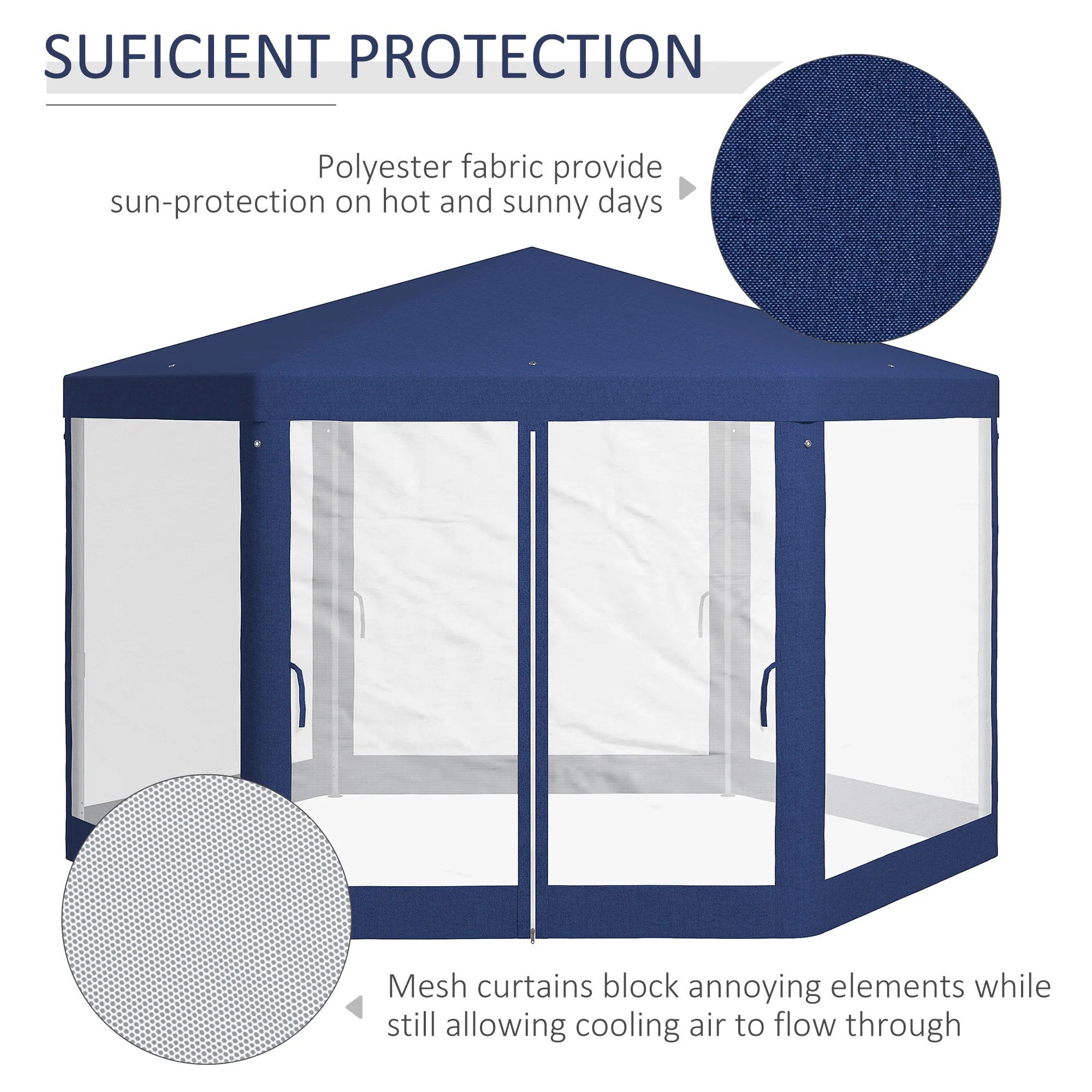 13' x 11' Hexagon Sun Shade Canopy with Protective Mesh Walls & Stakes, Blue - Image 6