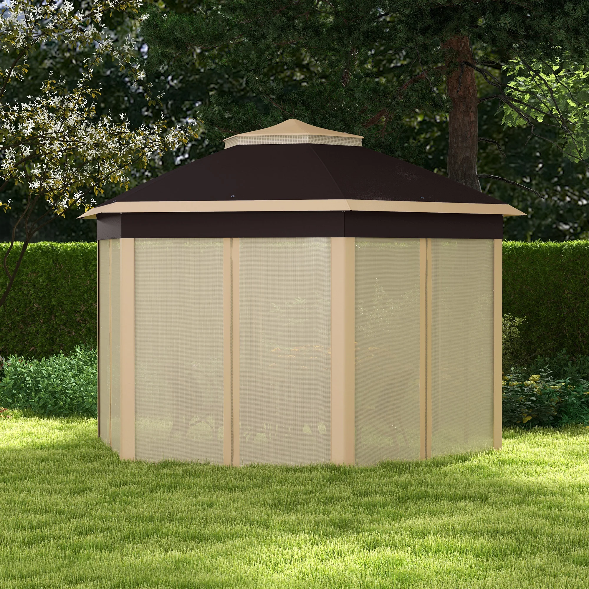 13' x 13' Hexagonal Pop-Up Gazebo Shelter with 6 Zippered Mesh Netting, Beige - Image 4