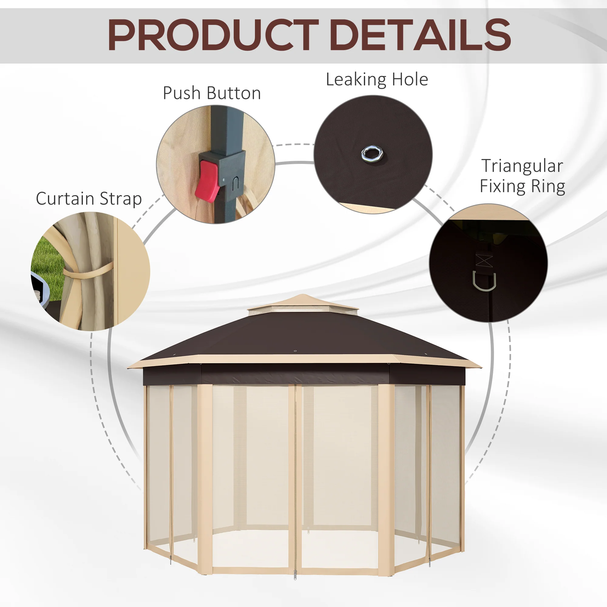 13' x 13' Hexagonal Pop-Up Gazebo Shelter with 6 Zippered Mesh Netting, Beige - Image 9