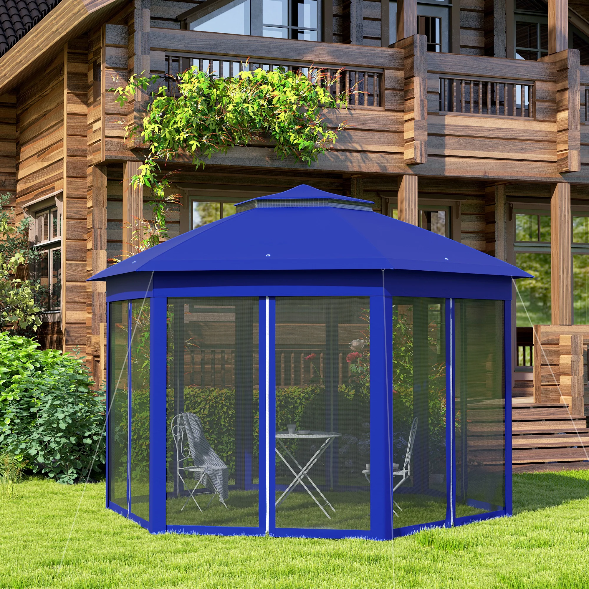 13' x 13' Hexagonal Pop-Up Gazebo Shelter with 6 Zippered Mesh Netting, Dark Blue and Black - Image 10