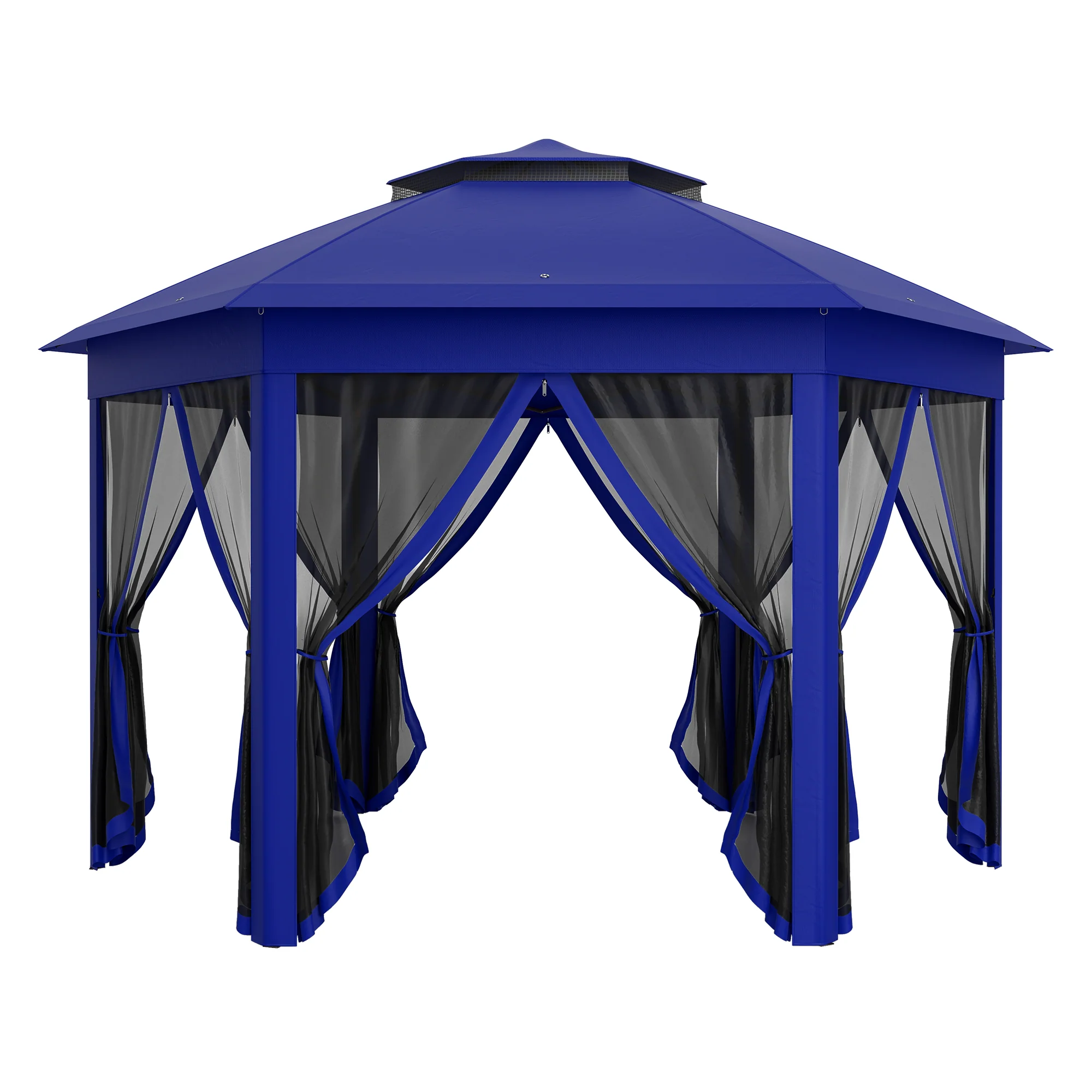 13' x 13' Hexagonal Pop-Up Gazebo Shelter with 6 Zippered Mesh Netting, Dark Blue and Black - Image 12